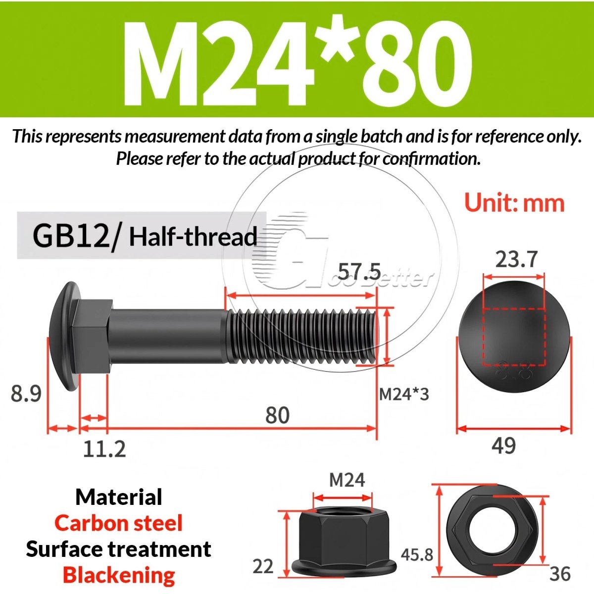 Black Carriage Bolts Grade 8.8 | M6–M24 Cup Square Domed Head Screws - HomeDIYer