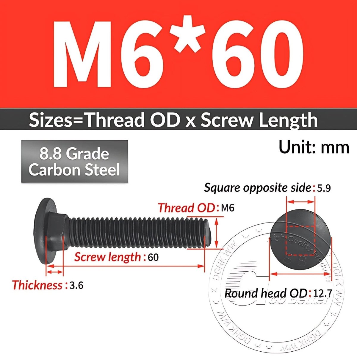 Black 8.8 Grade Steel Carriage Bolts | Cup Square Dome Head | M6–M24 - HomeDIYer