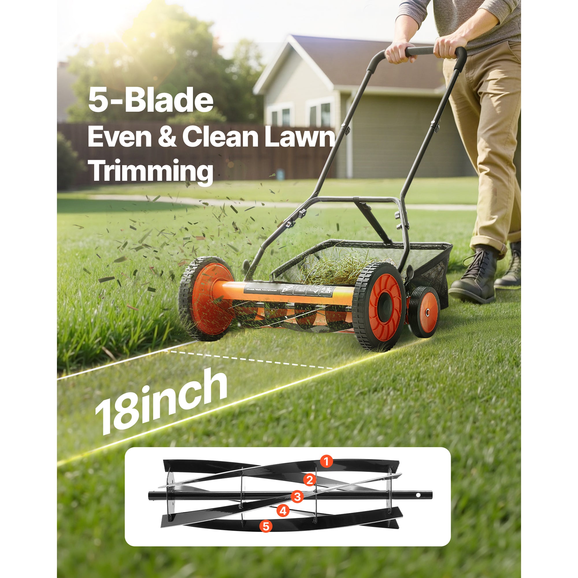 18" Manual Push Reel Lawn Mower 5-Blade Adjustable Height Grass Catcher 4 Wheels