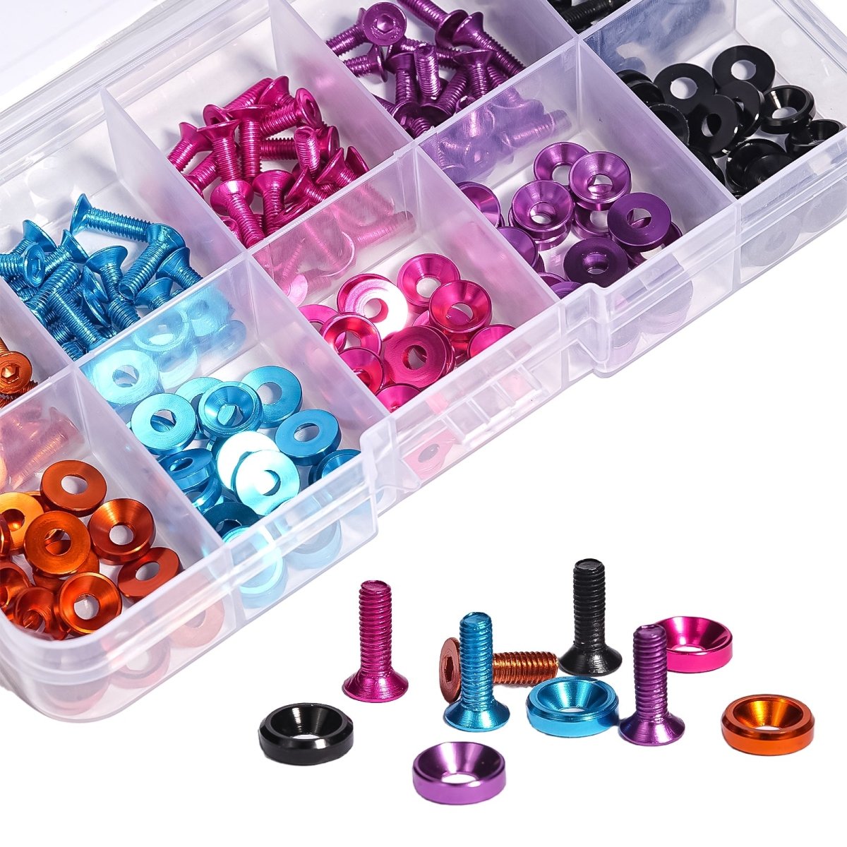 200Pcs Aluminium Alloy Hex Socket Countersunk Flat Head Screw & Washers Assortment Set Brownish Orange To Glossy Black - HomeDIYer