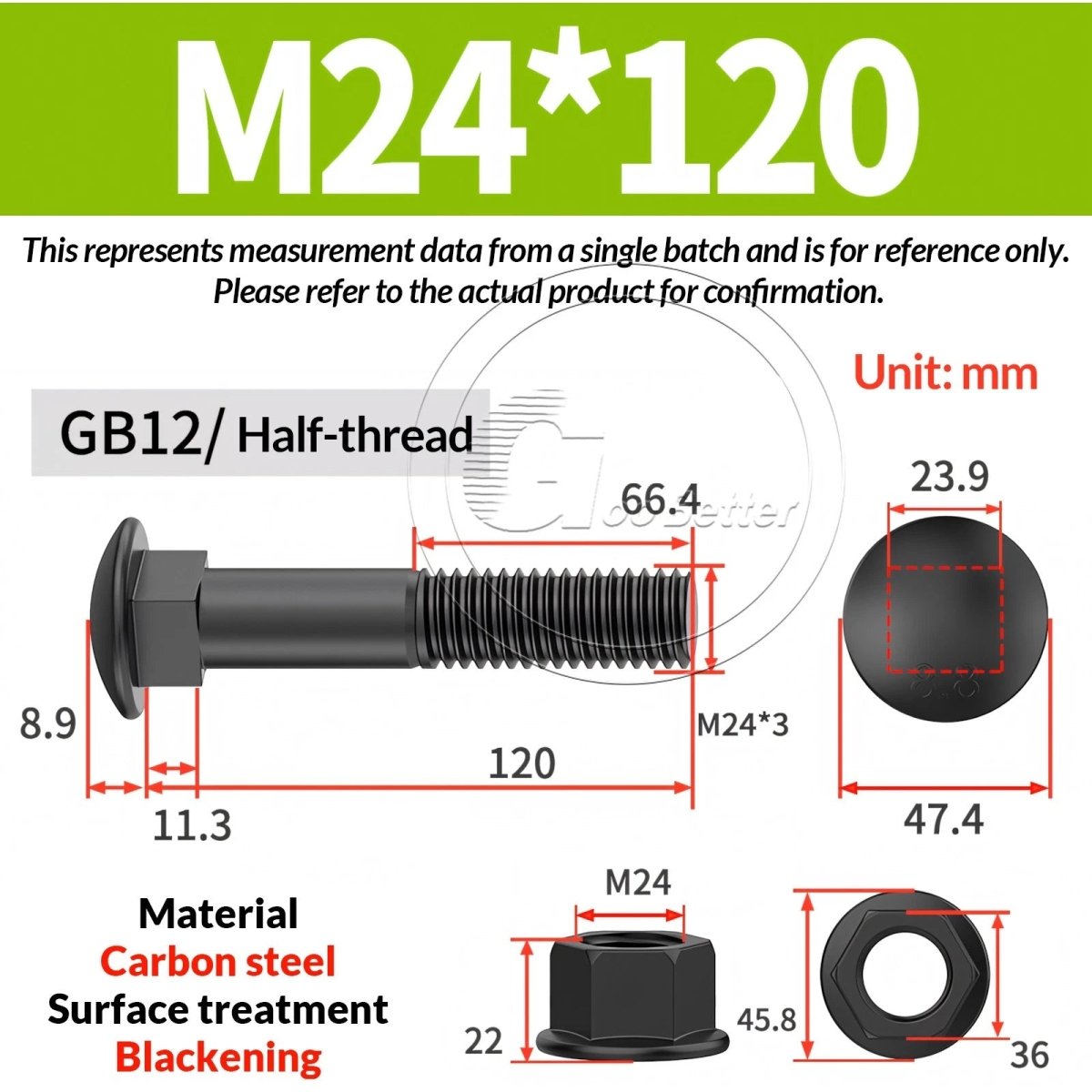 Black Carriage Bolts Grade 8.8 | M6–M24 Cup Square Domed Head Screws - HomeDIYer