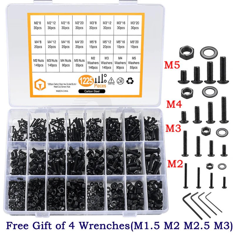 1225x M2 - M5 Button Head Hex Screws Bolts Nuts+Flat Washers Set 10.9 High Tensile - HomeDIYer