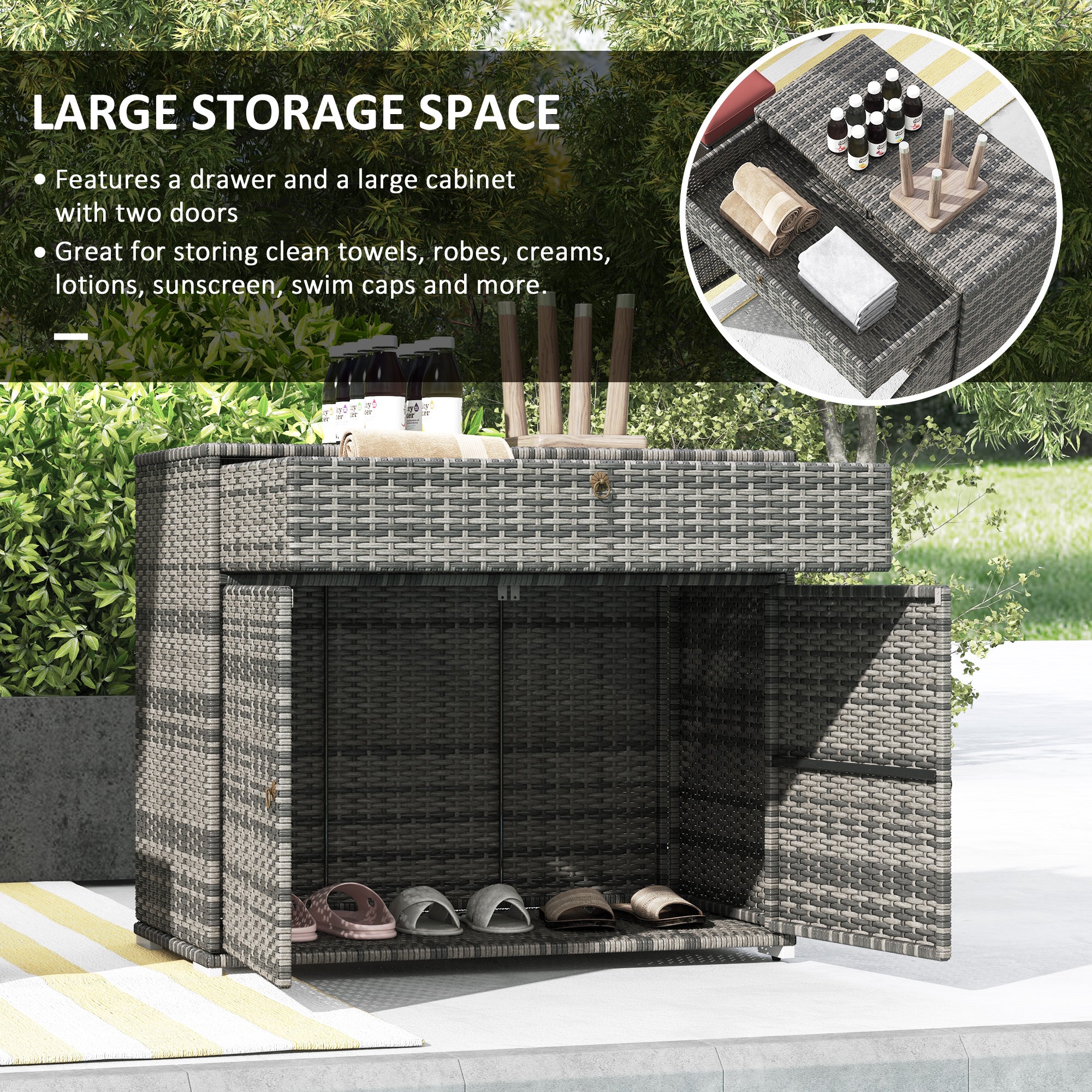 Outsunny Outdoor Towel Rack & Pool Toy Cabinet, Hot Tub Accessory Storage, Freestanding PE Rattan Wicker Cabinet with Drawer for Indoor, Outdoor Swimming Pool, Spa, Gray