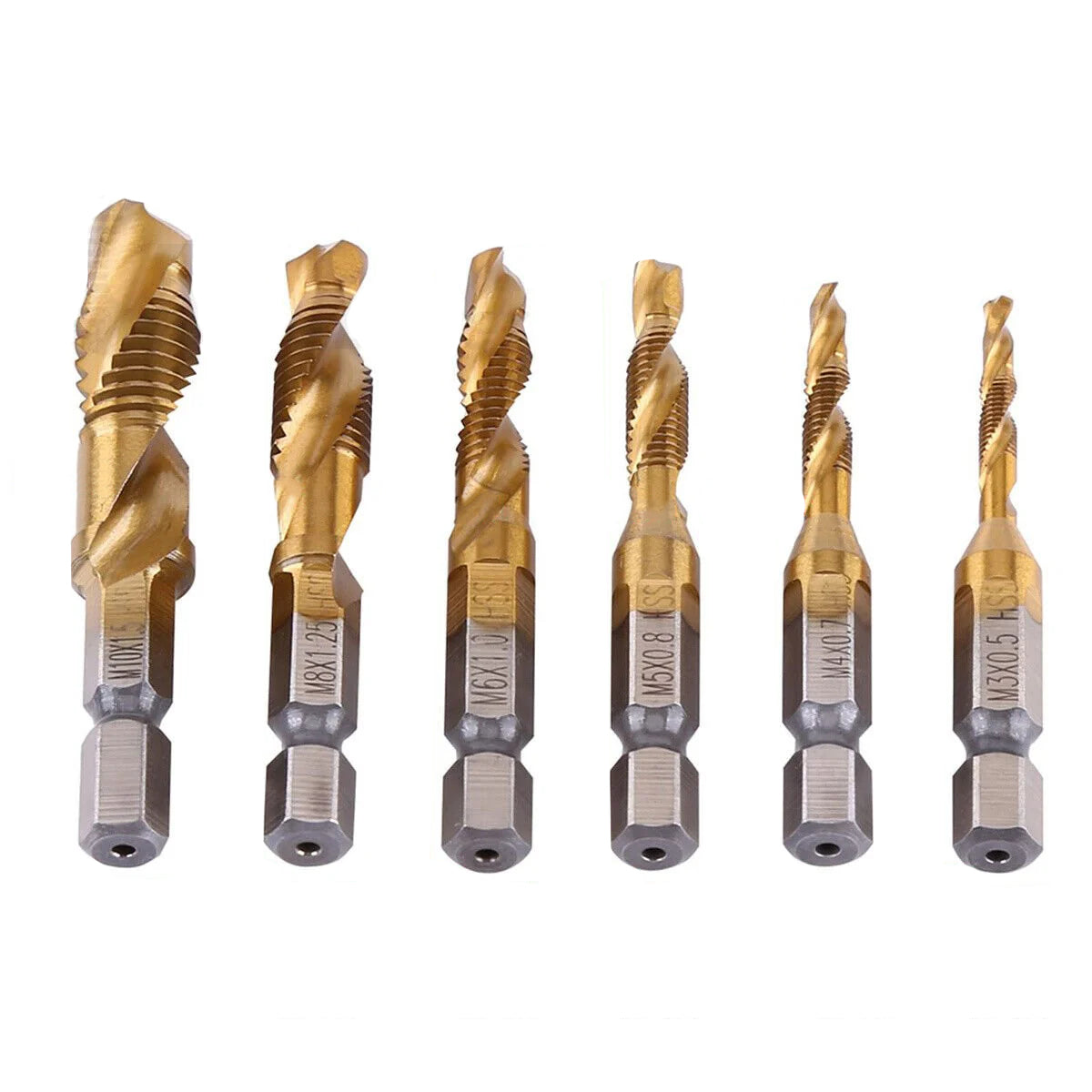 6Pcs HSS Drill Spiral Tap Bits M3-M10 Hex Shank 1/4'' Metric Thread Cutter Set