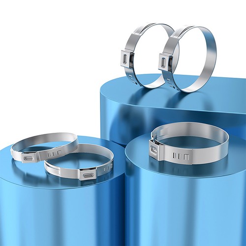 Hand pinching the ear of the clamp to open it for tool-free installation