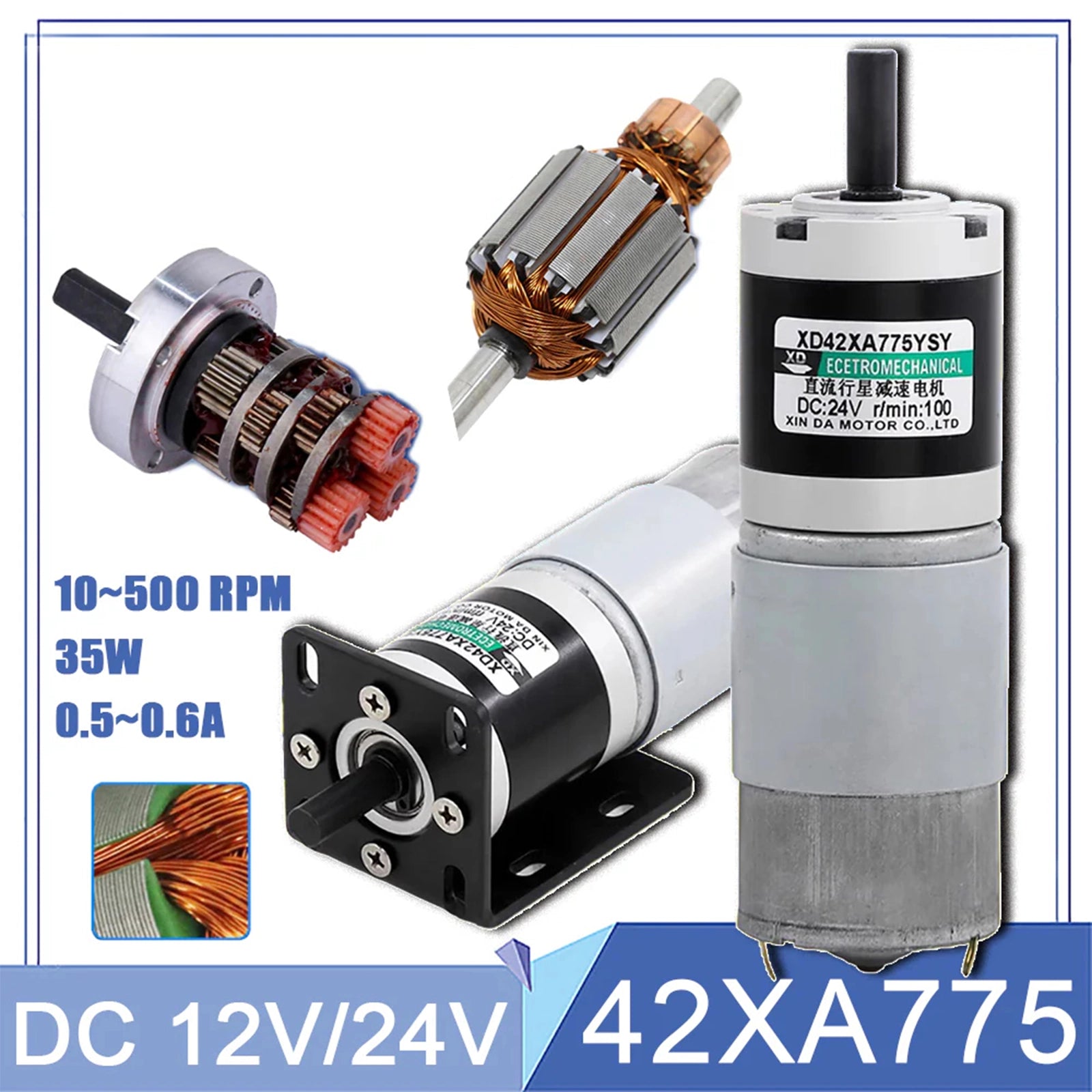 DC 12V/24V Planetary Reduction Gear Motor 10~500 RPM Large Torque 42XA775 CW/CCW - HomeDIYer