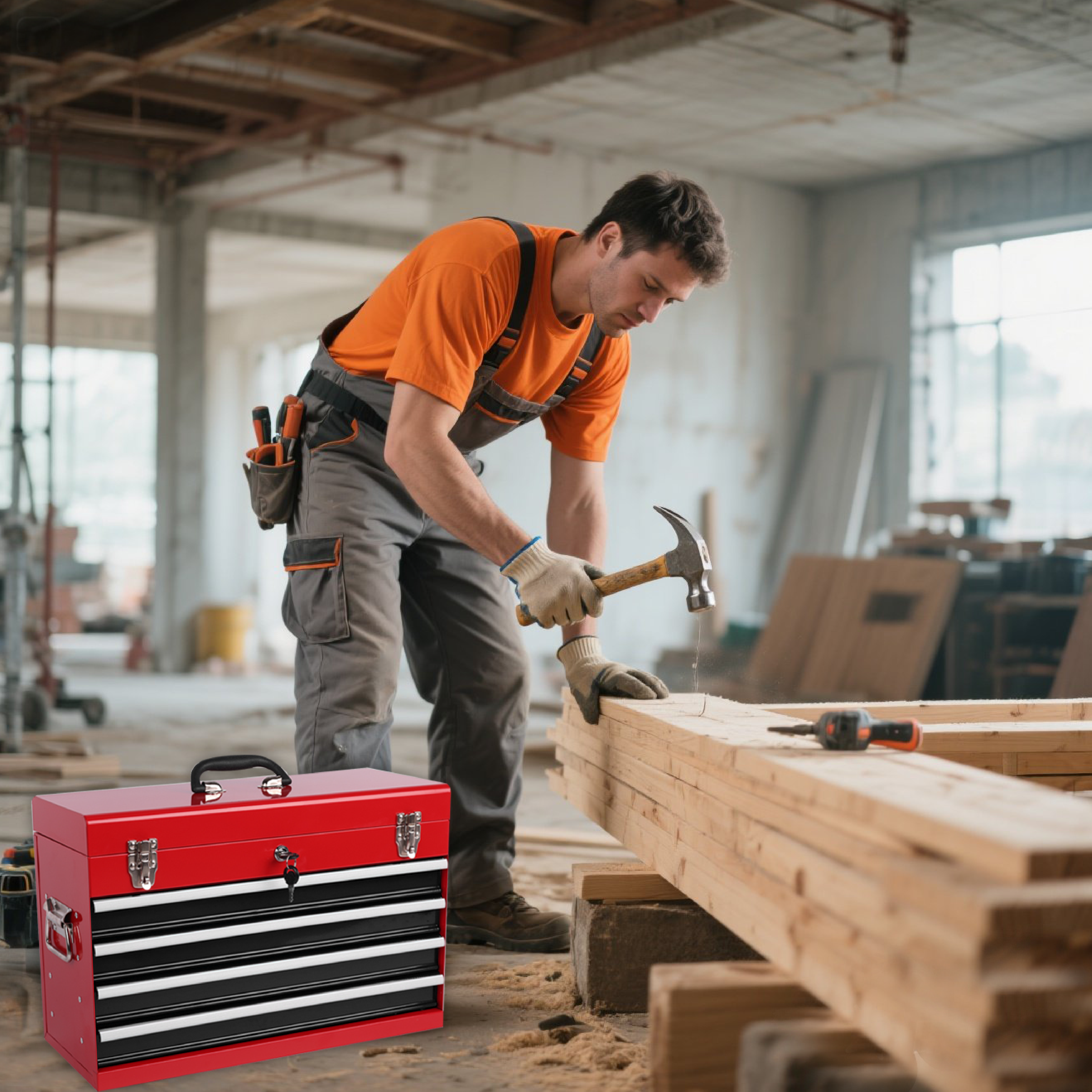 Heavy Duty Metal Tool Box – 21" Portable 4-Drawer Tool Chest with EVA Liners, Ball Bearing Slides & Locking System, Red and Black