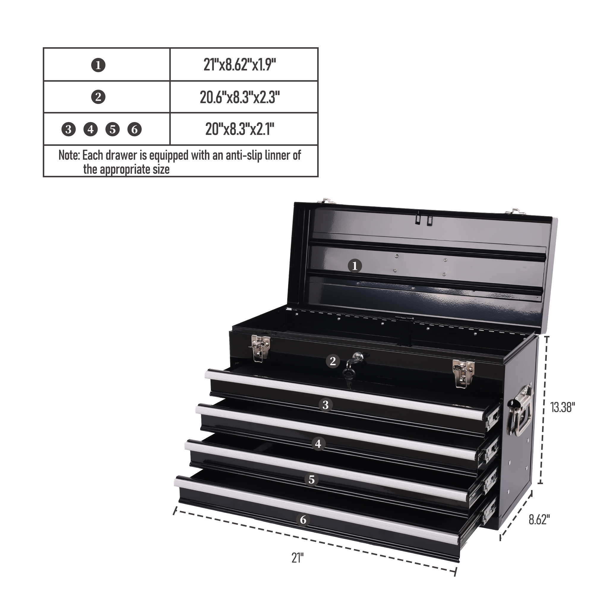 21" Heavy Duty Black Metal Tool Box with 4 Ball-Bearing Drawers