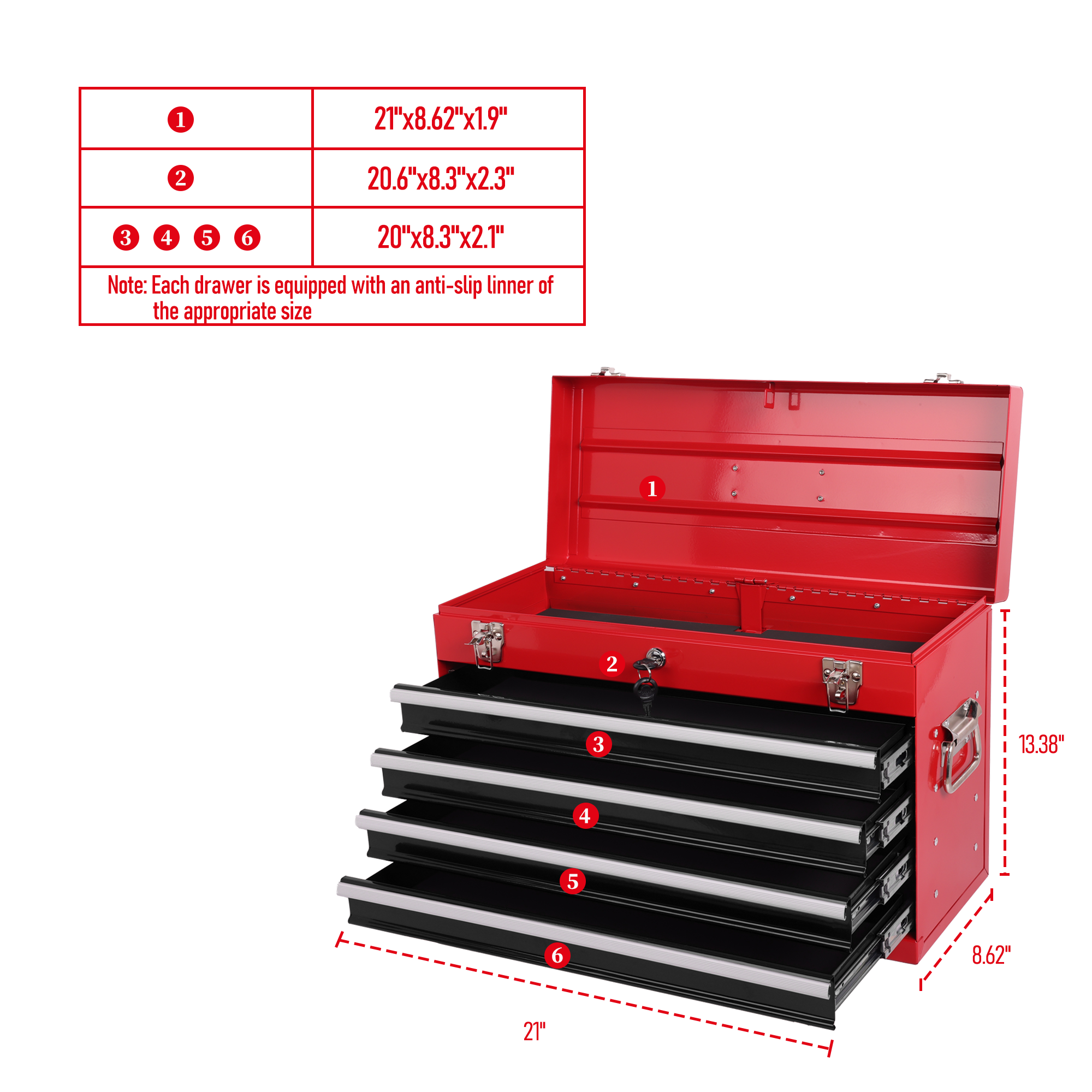 Heavy Duty Metal Tool Box – 21" Portable 4-Drawer Tool Chest with EVA Liners, Ball Bearing Slides & Locking System, Red and Black