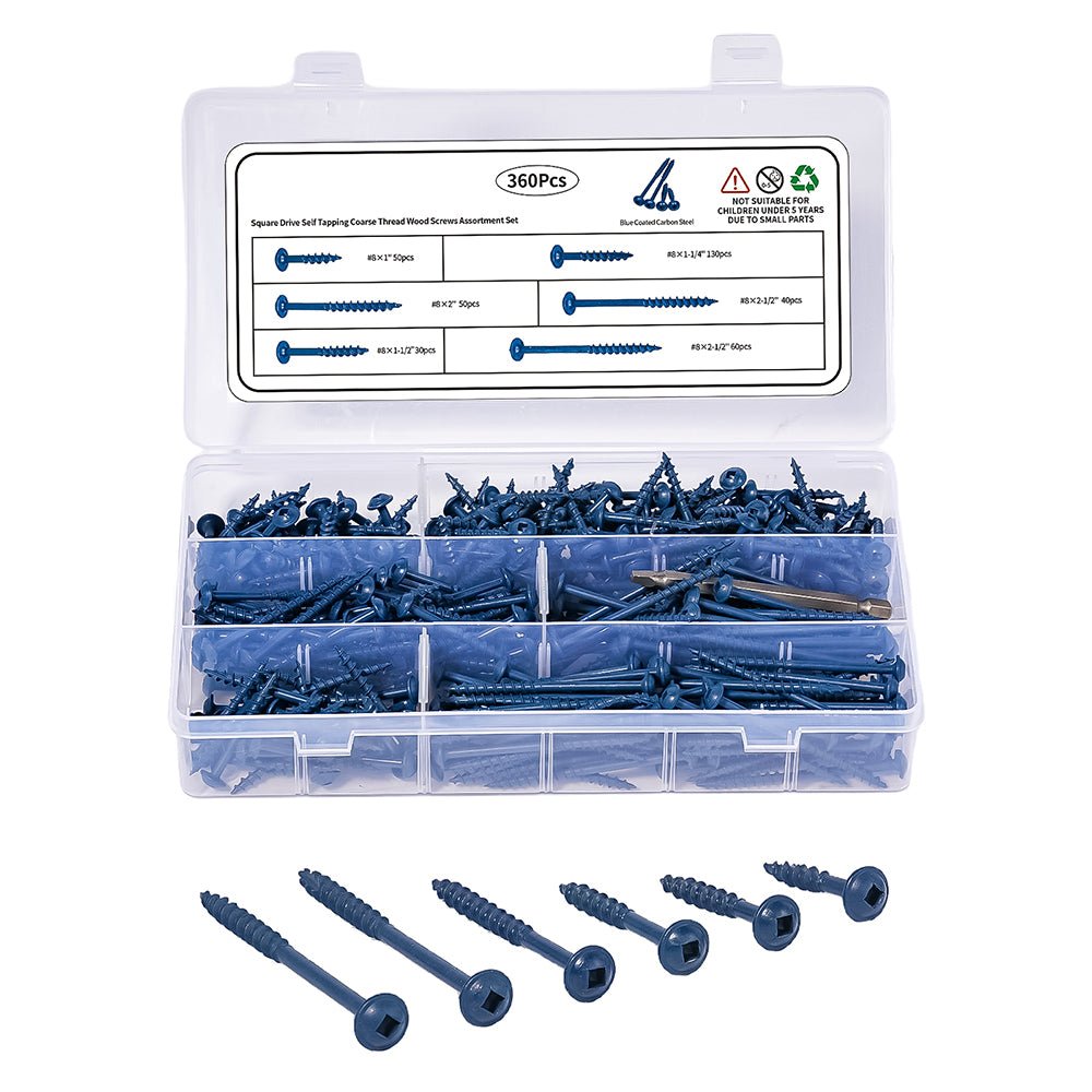 360 Pcs Blue Square Drive Self Tapping Coarse Thread Wood Screws Assortment Set - HomeDIYer