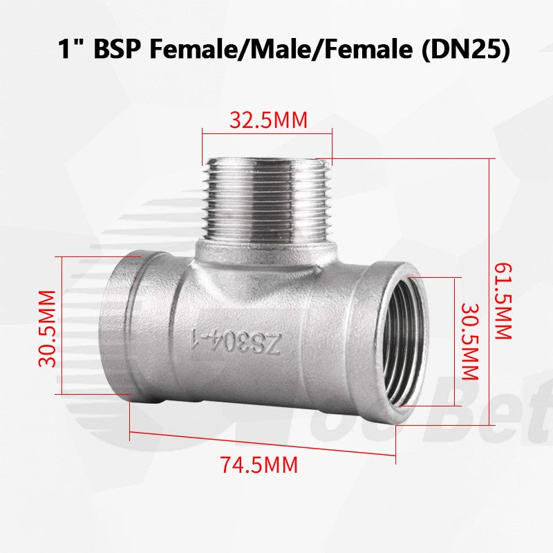 304 Stainless Steel BSP Tee Pipe Fitting — Male & Female Thread, 1/2" to 2"
