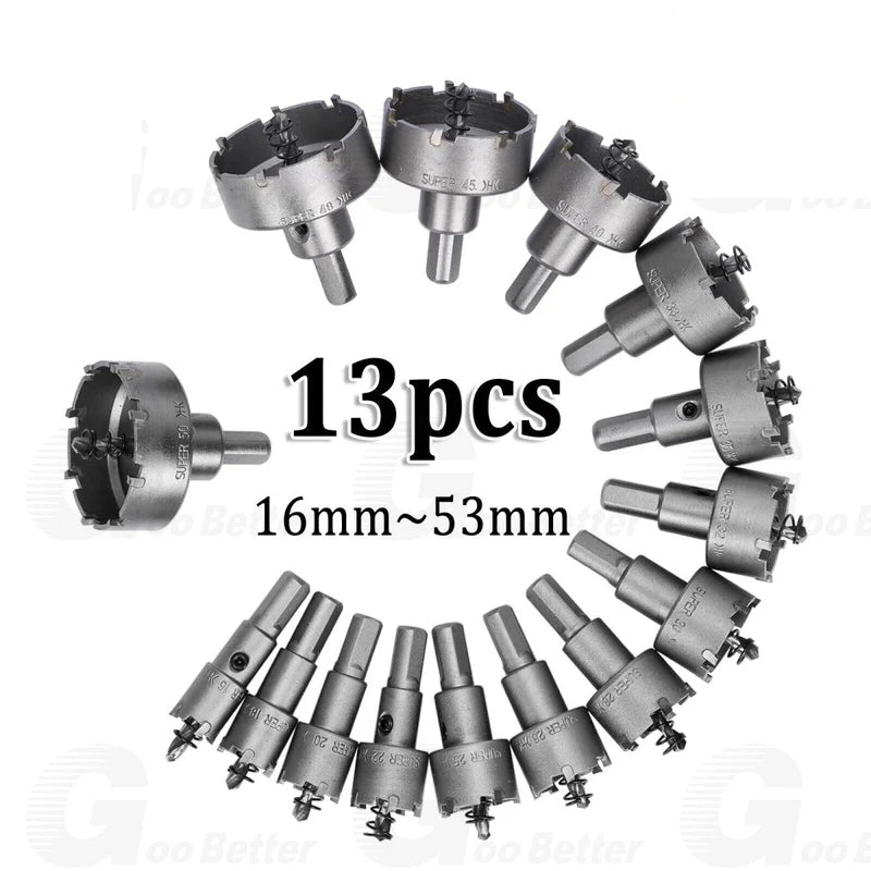 13Pcs Carbide Tip TCT Hole Saw Cutter Drill Bit Set For Steel Metal Wood 16 - 53mm - HomeDIYer