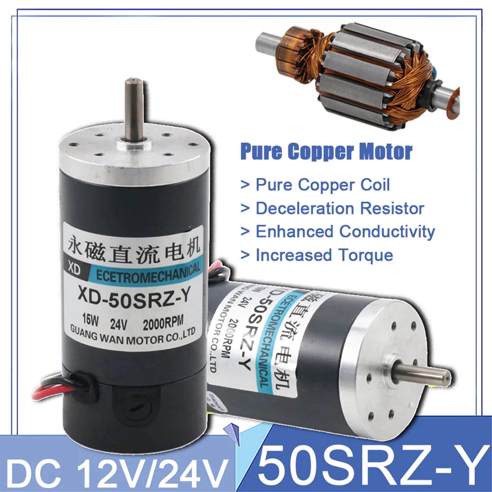 Permanent Magnet Motor DC 12V/24V 2000 - 8000RPM 15W High Speed 50SRZ - Y Reversible - HomeDIYer