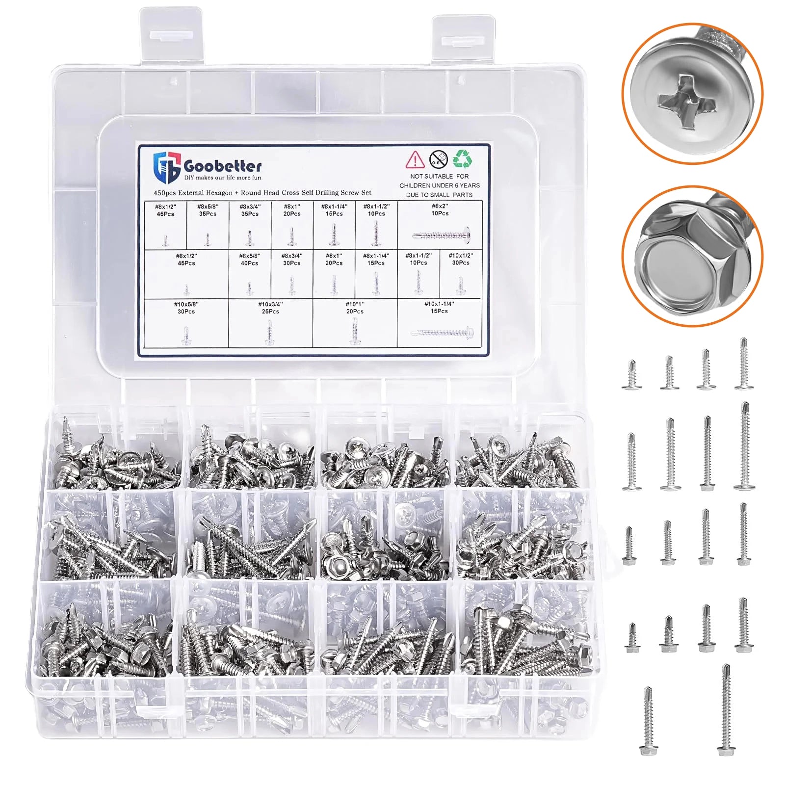 450PCS Self - Tapping Screws Assortment - Hex Washer & Wafer Head Set - HomeDIYer