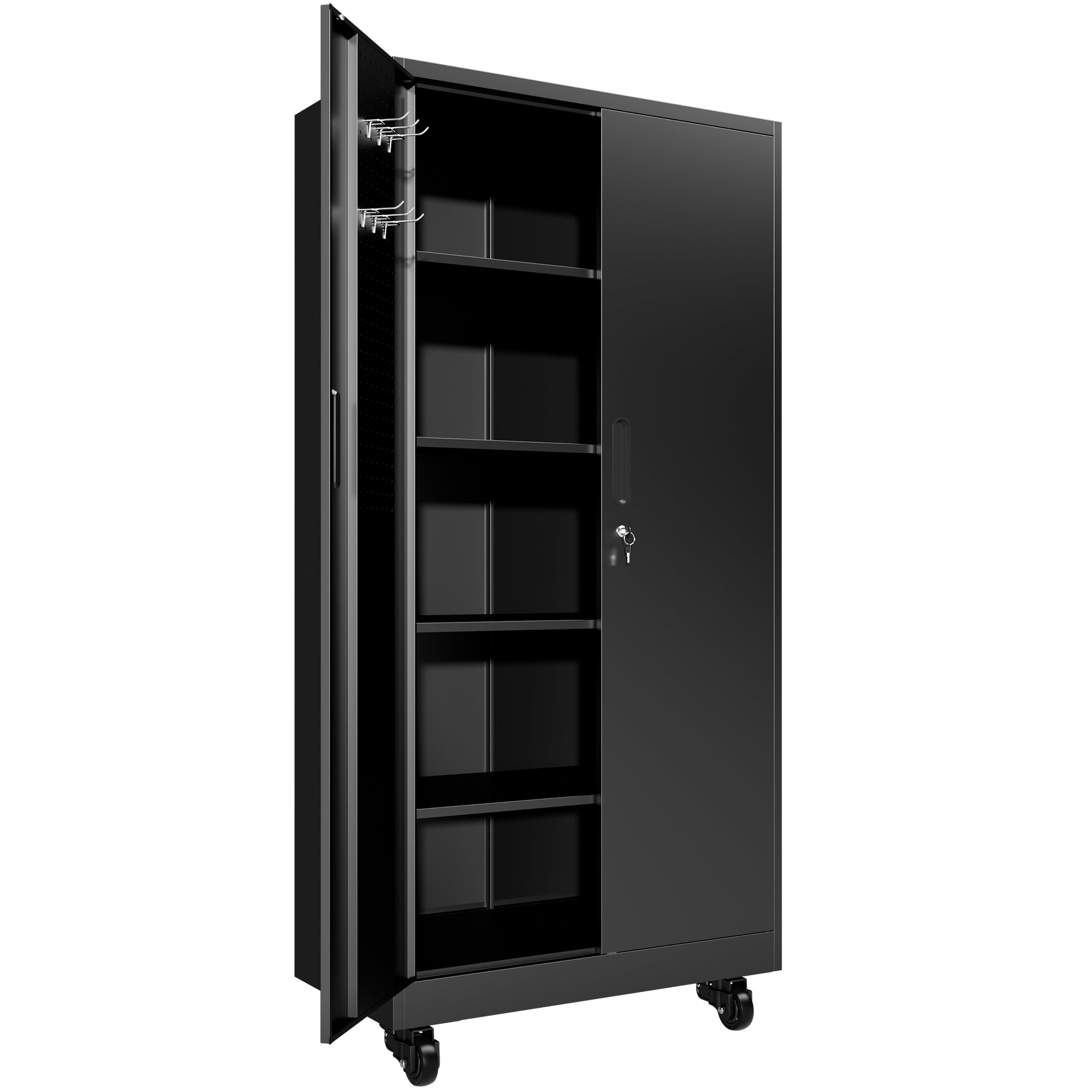 71" Lockable Metal Garage Storage Cabinet with Pegboard Doors & Wheels, 4 Adjustable Shelves, 900 lb Capacity