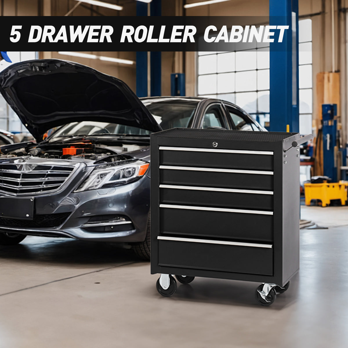 5-Drawer Rolling Tool Chest w/Lock & Key, Tool Storage Cabinet with Wheels, Top Cushion & Drawer Liners, Tool Organizer Box for Garage, Warehouse & Repair Shop