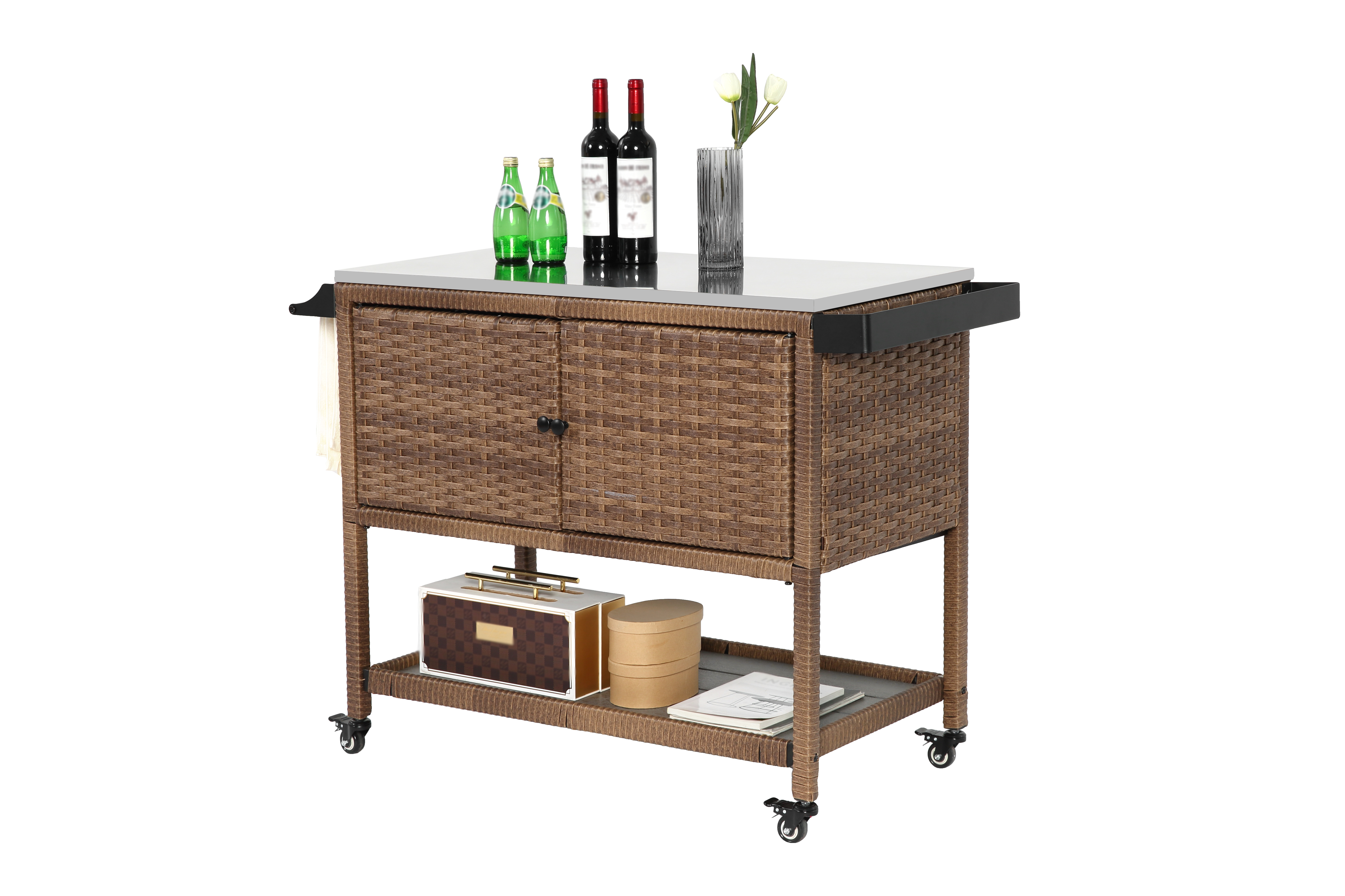 Outdoor Wicker Bar Cart, Patio Wine Serving Cart w/Wheels, Rolling Rattan Beverage Bar Counter Table with stainless steel Top for Porch Backyard Garden Poolside Party, Brown