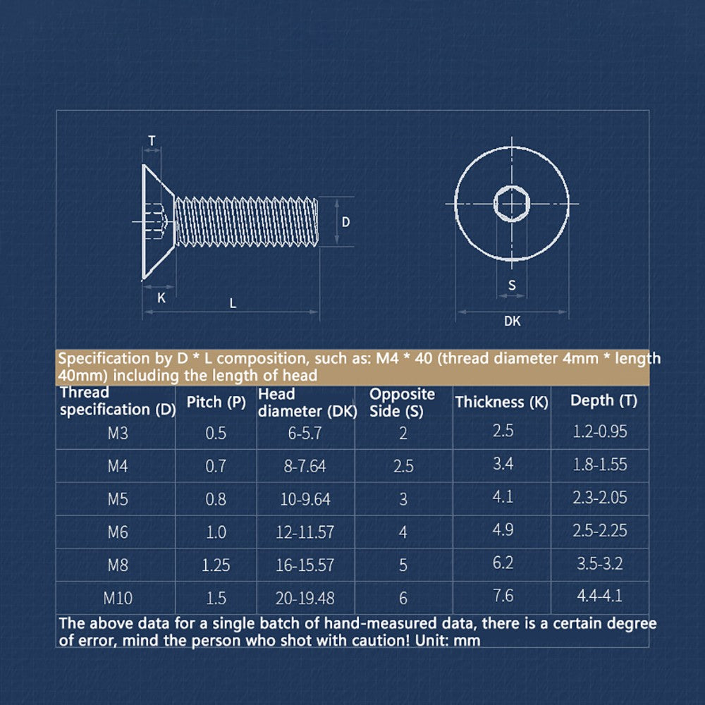 M1.6–M3 Countersunk Socket Head Screws – 12.9 Grade Carbon Steel, Flat Head, Fully Threaded (3–50mm Overall Length)