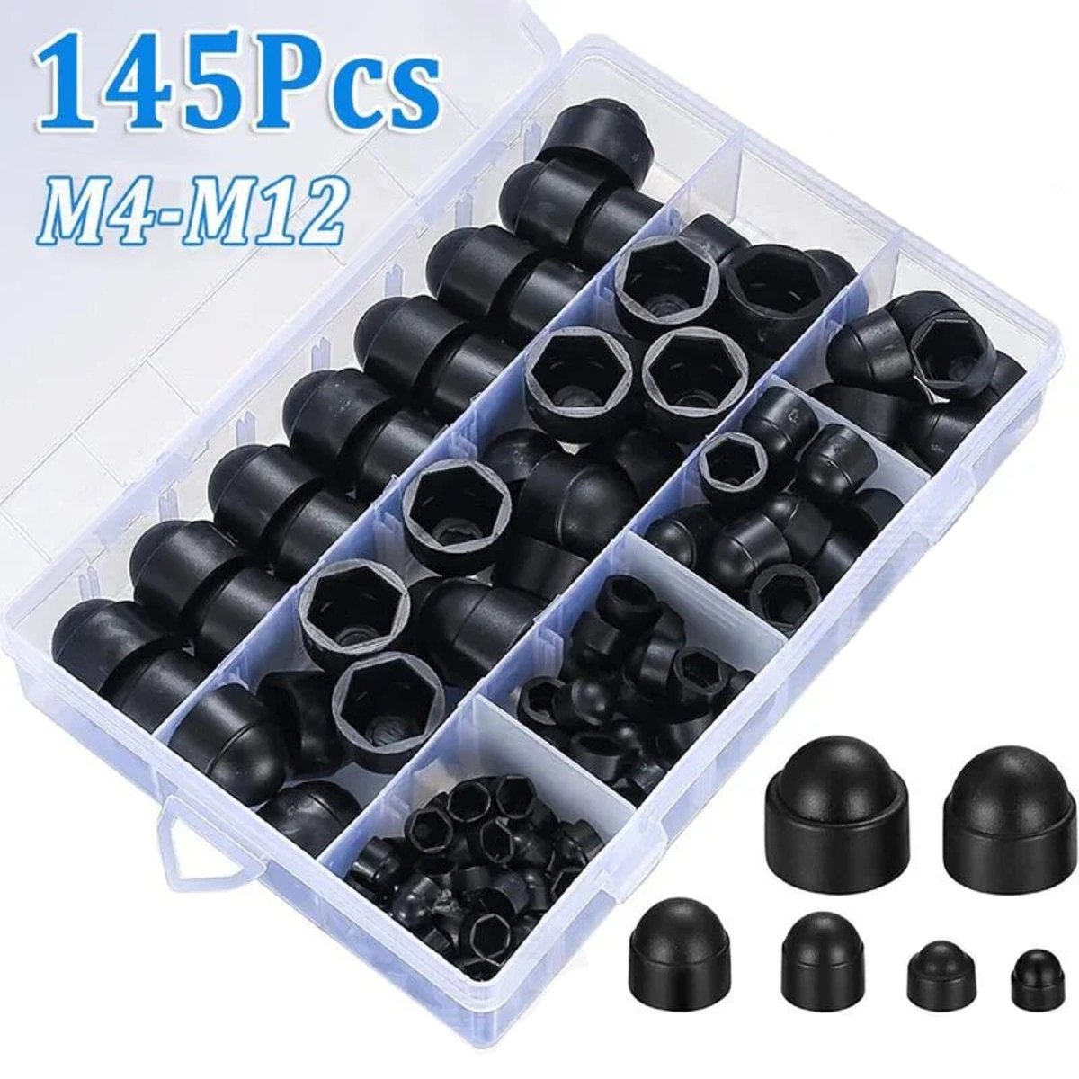 145pcs M4 - M12 Dome Hex Bolt Nut Head Caps Cover Against Protection Plastic Black - HomeDIYer
