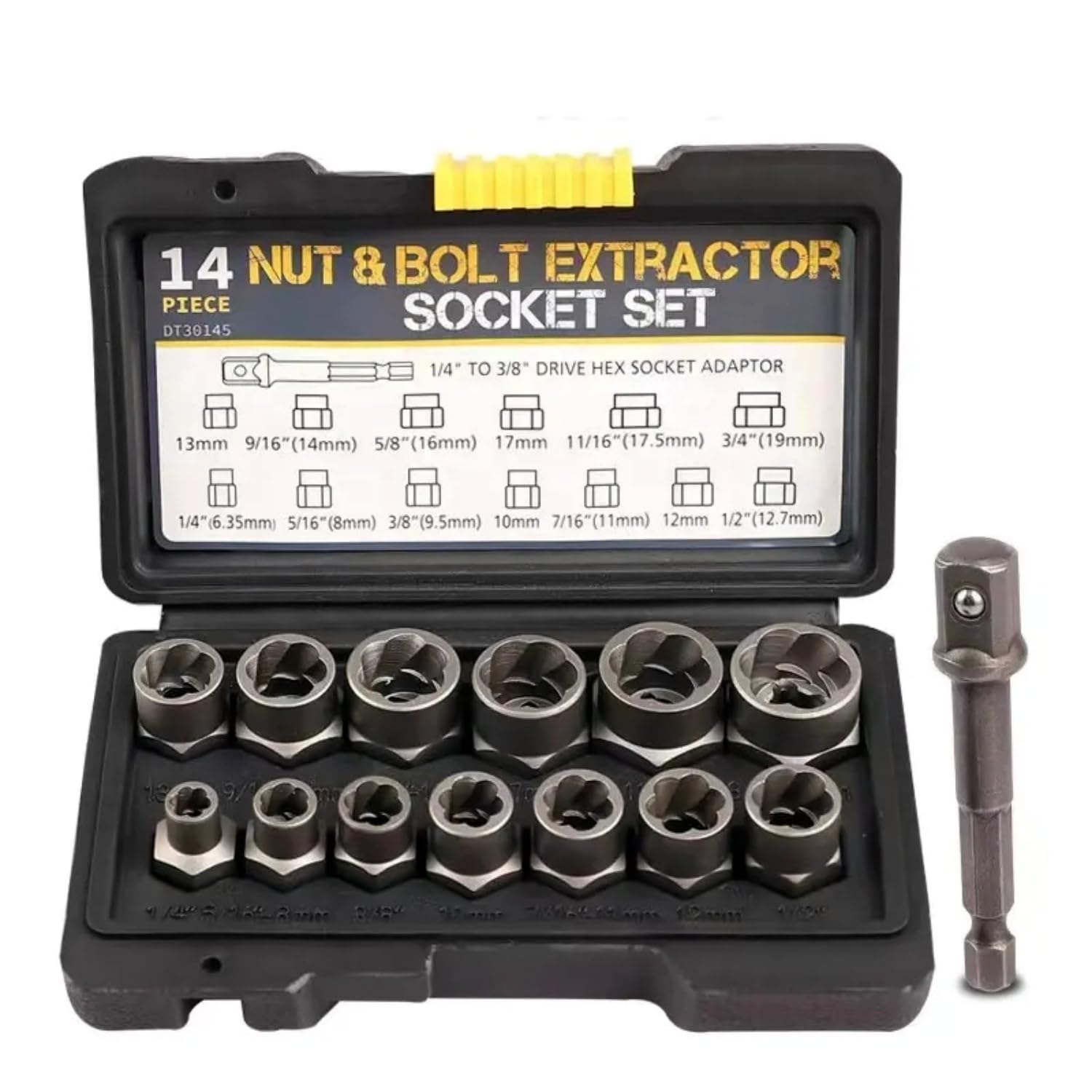 Bolt Extractor Kit,14 Pcs Nut Extractor Socket Set,1/4” - 3/8” Drive Drive Rounded Bolt Remover,Bolt Remover Tool Set for Removing Damaged/Dead/Rusted Bolts,Nuts & Screws,with Hex Adapter - HomeDIYer