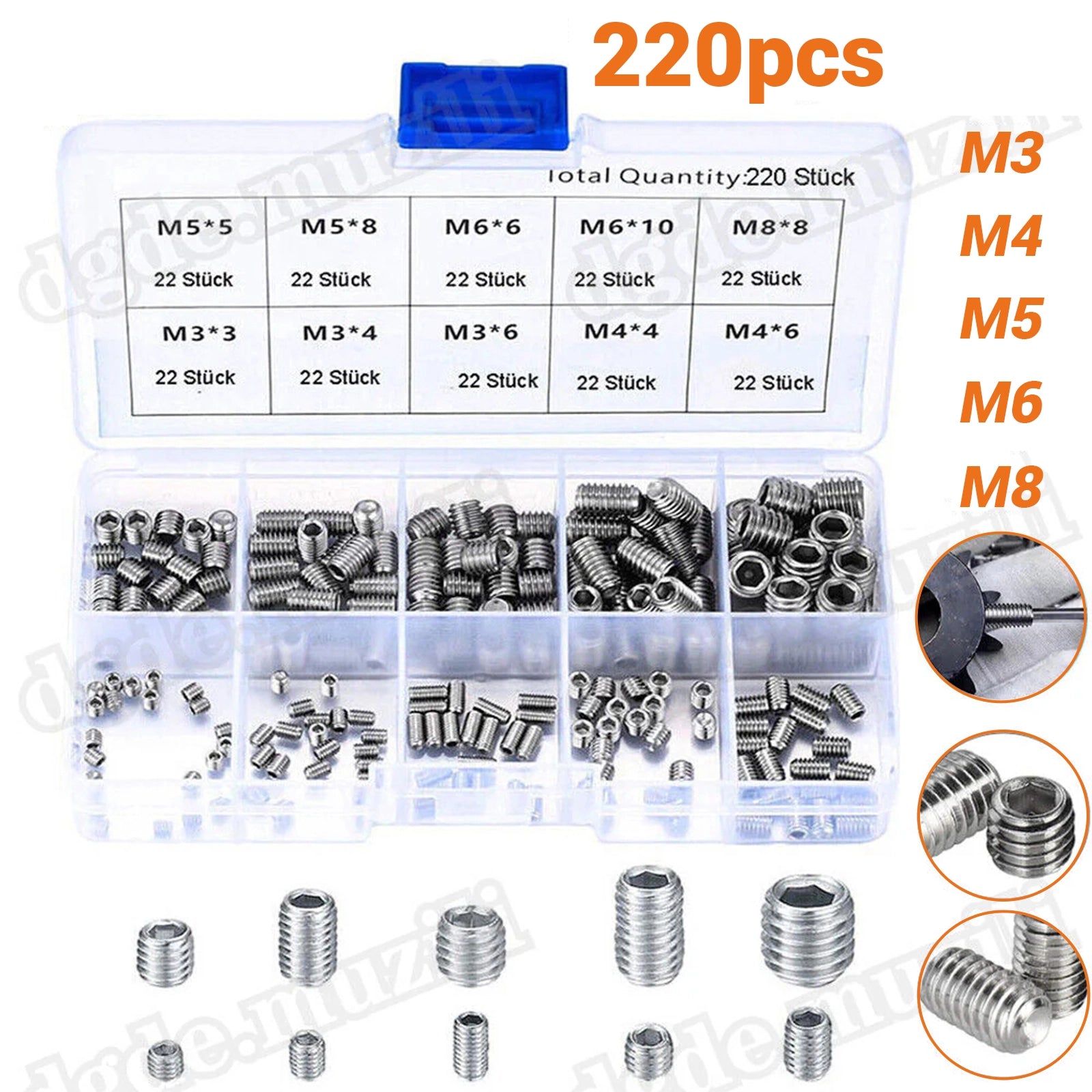 220 Pcs Set Screws Assortment M3 - M8 Stainless Steel A2 Hexagon Socket Grub Screws - HomeDIYer