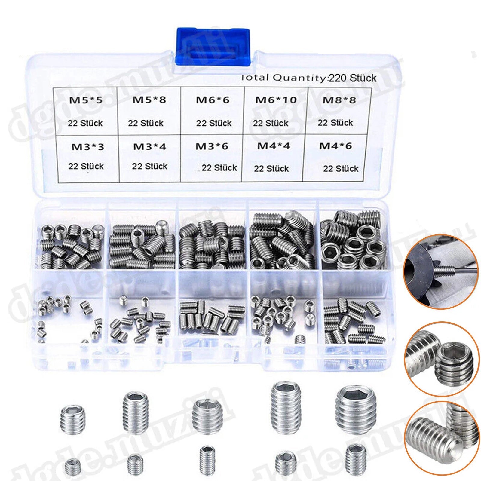 220 Pcs Set Screws Assortment M3 - M8 Stainless Steel A2 Hexagon Socket Grub Screws - HomeDIYer