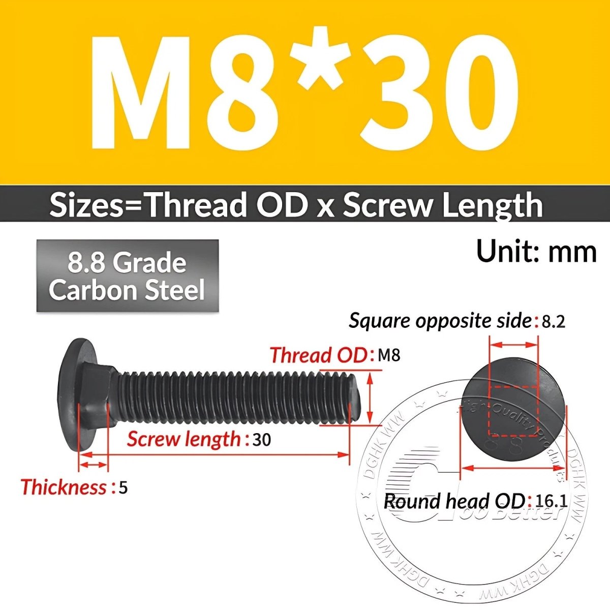 Black 8.8 Grade Steel Carriage Bolts | Cup Square Dome Head | M6–M24 - HomeDIYer