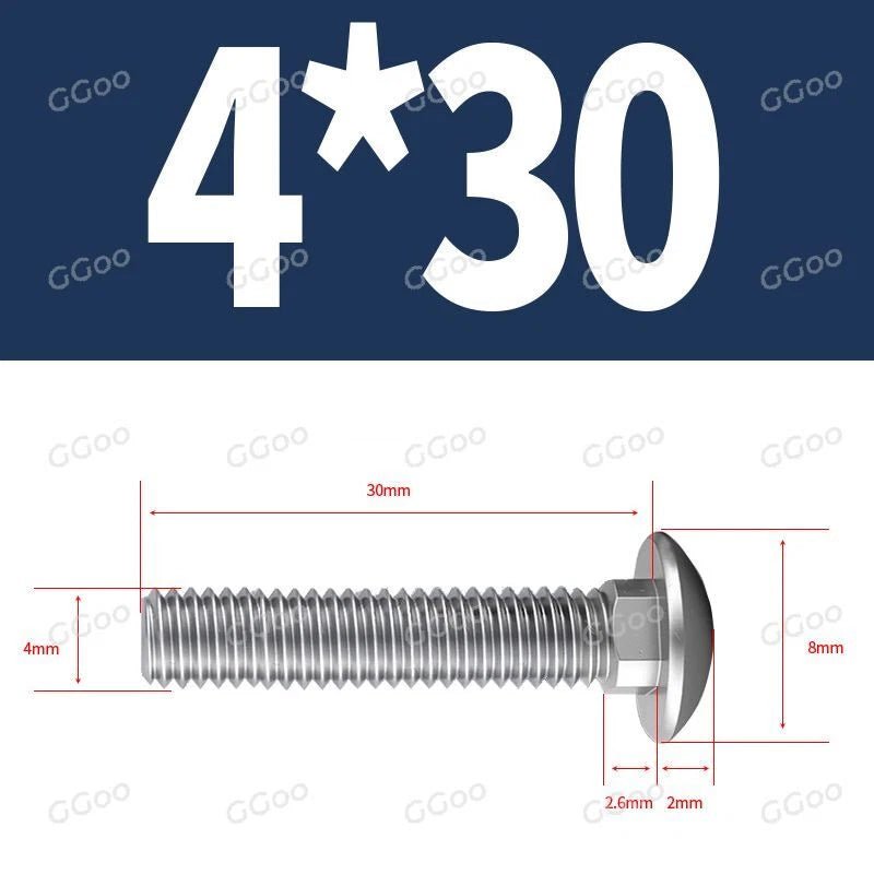 M4 Carriage Bolts – G304 Stainless Steel, DIN 603, Cup Square Dome Head - HomeDIYer