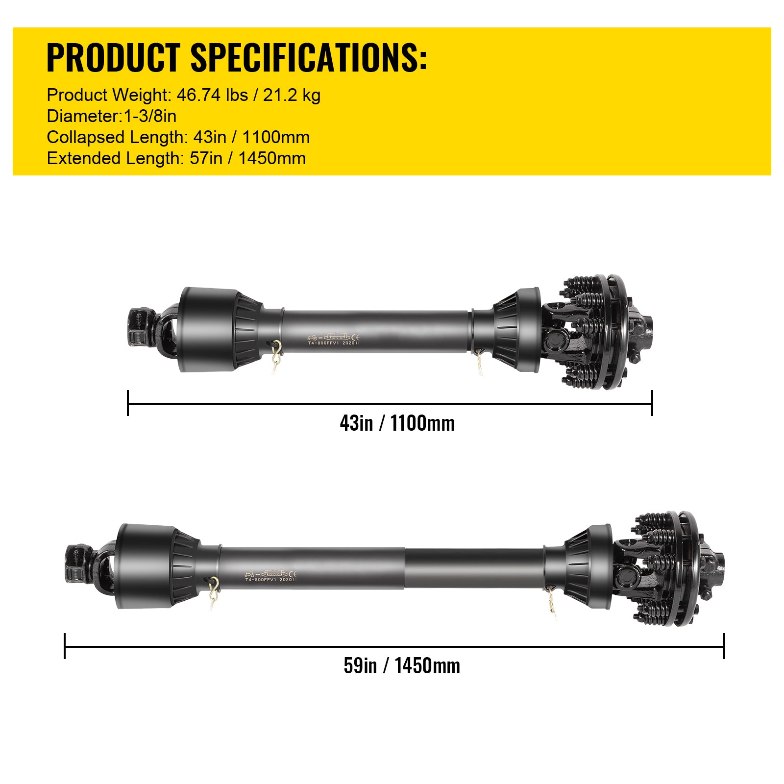 PTO Shaft, 1-3/8" PTO Drive Shaft, 6 Spline Both Ends PTO Driveline Shaft, Series 5 Tractor PTO Shaft, 43"-57" Brush Hog PTO Shaft, Black PTO Shaft w/Slip Clutch for Bush Hog/Finish Mower
