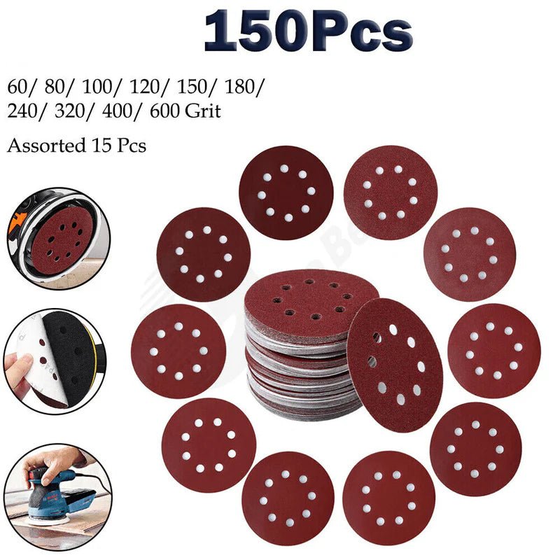 150Pcs 5inch Sanding Discs 60 - 600 Grit Hook Loop 8 - Hole Orbital Sander Sandpaper - HomeDIYer