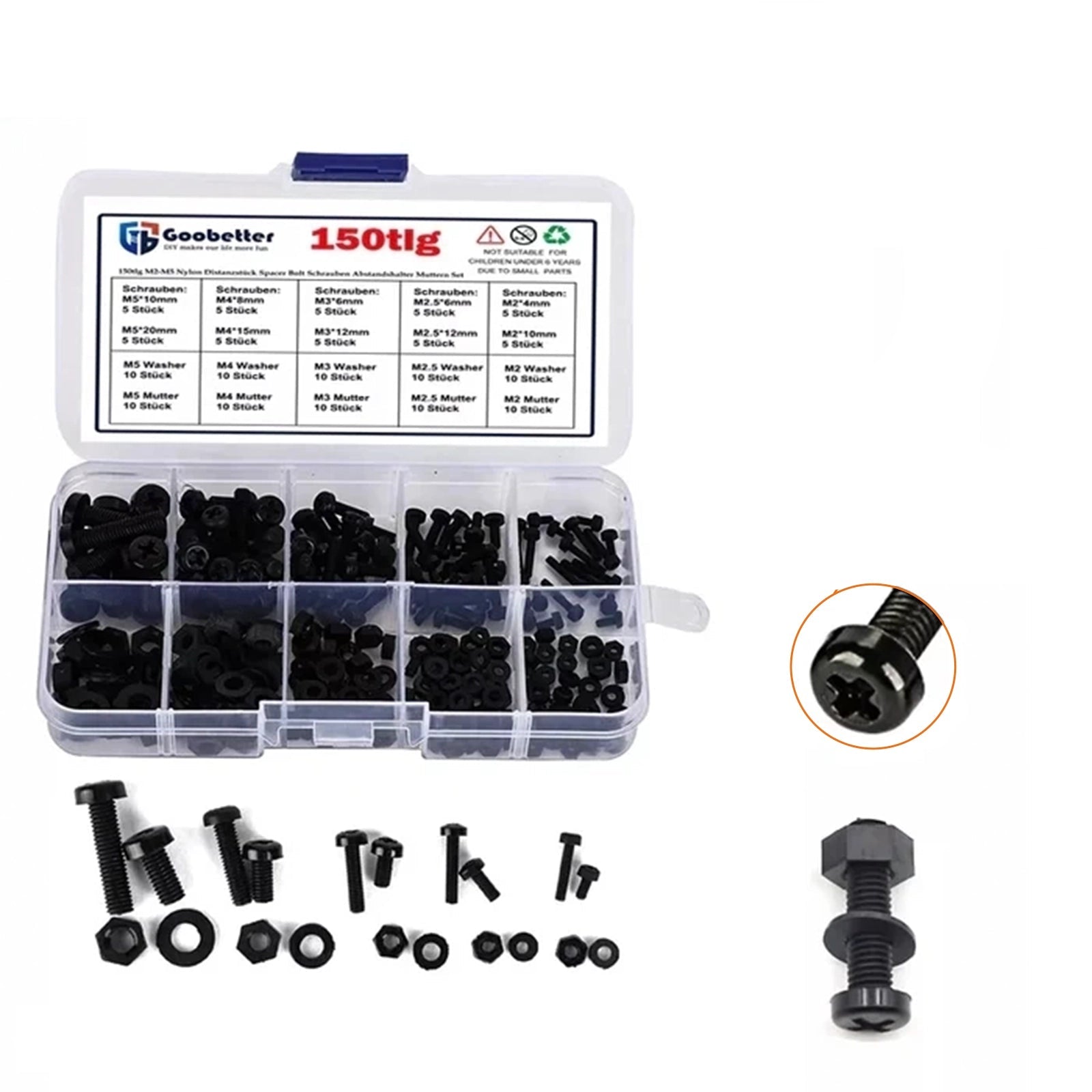 150Pcs Assorted Nylon Phillips Screws And Bolts – M2, M2.5, M3, M4, M5 – With Nuts And Spacers