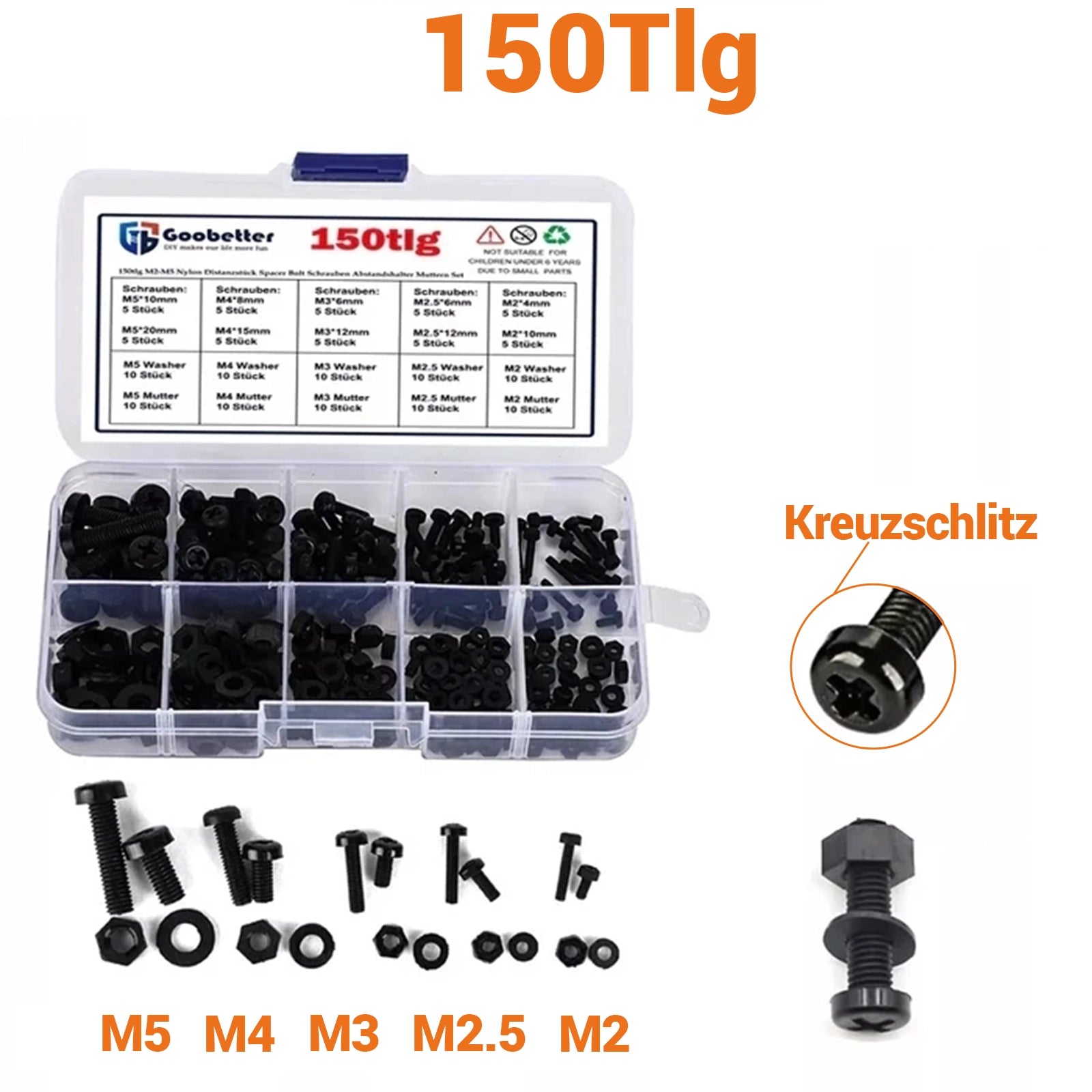 150Pcs M2 - M5 Nylon Phillips Pan - Head Screws Bolt Spacer Nuts Set - HomeDIYer