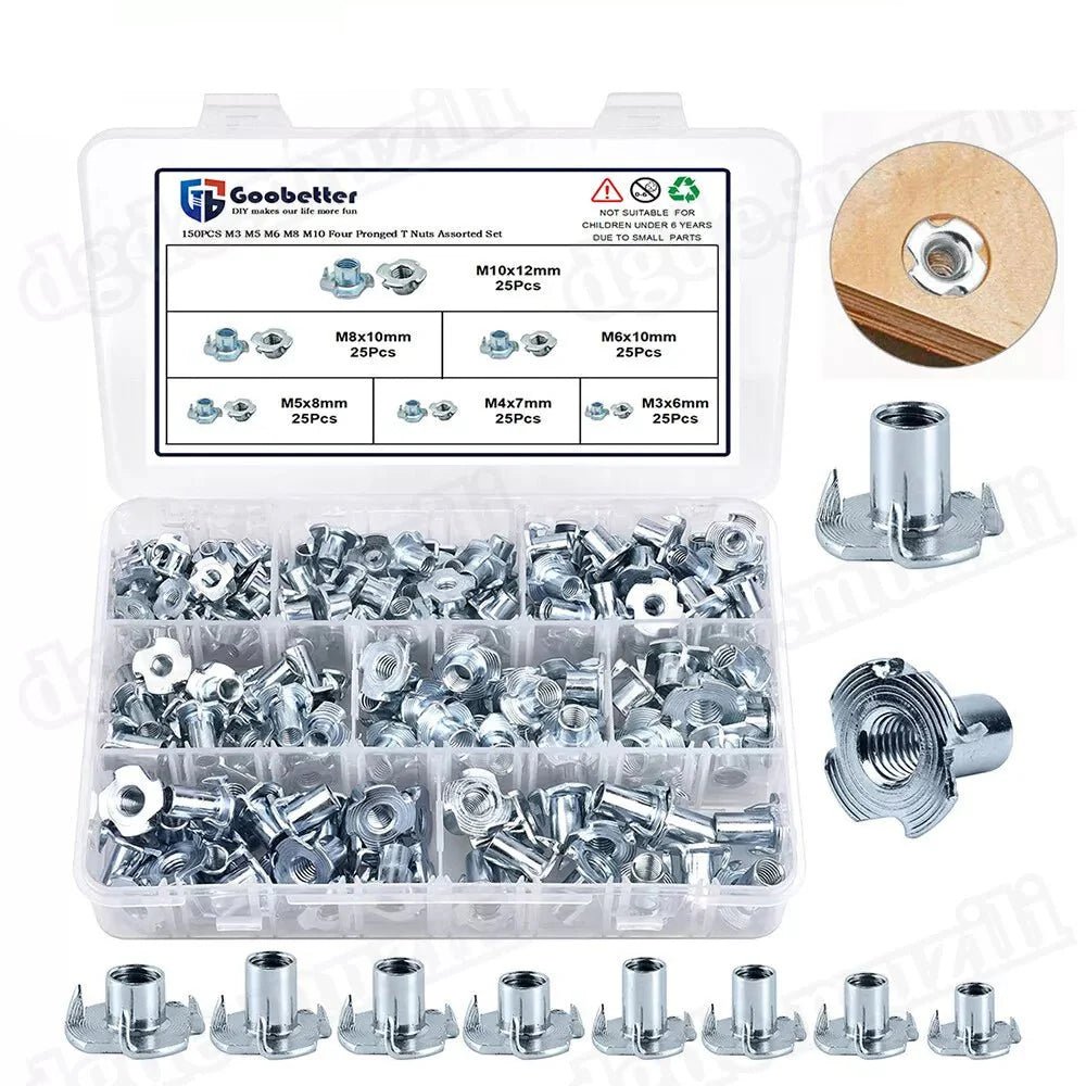 150pcs M4 M5 M6 M8 Thickened Steel Four Claws Speaker Nut Blind Pronged Insert T - nut Wood Furniture Nut Assortment Kit Set - HomeDIYer