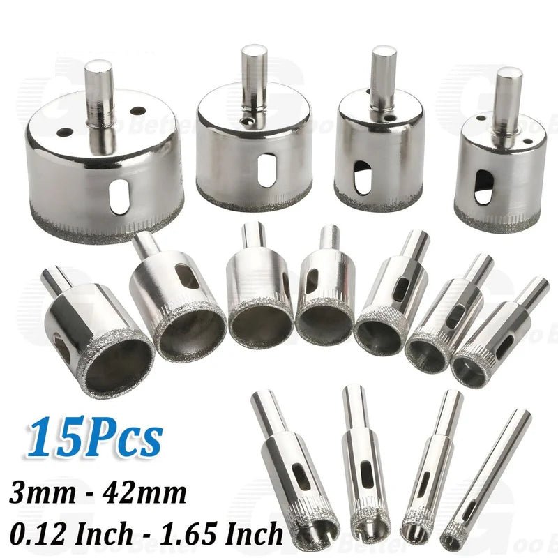 15Pcs Diamond Hole Saw Set Drill Bits Kit 3mm - 42mm Cutter For Glass Ceramic Tile - HomeDIYer