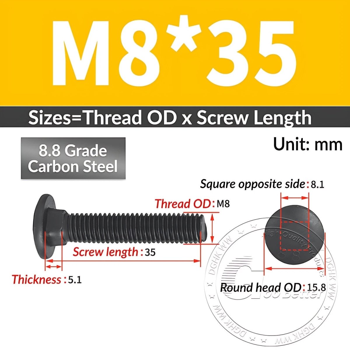 Black 8.8 Grade Steel Carriage Bolts | Cup Square Dome Head | M6–M24 - HomeDIYer