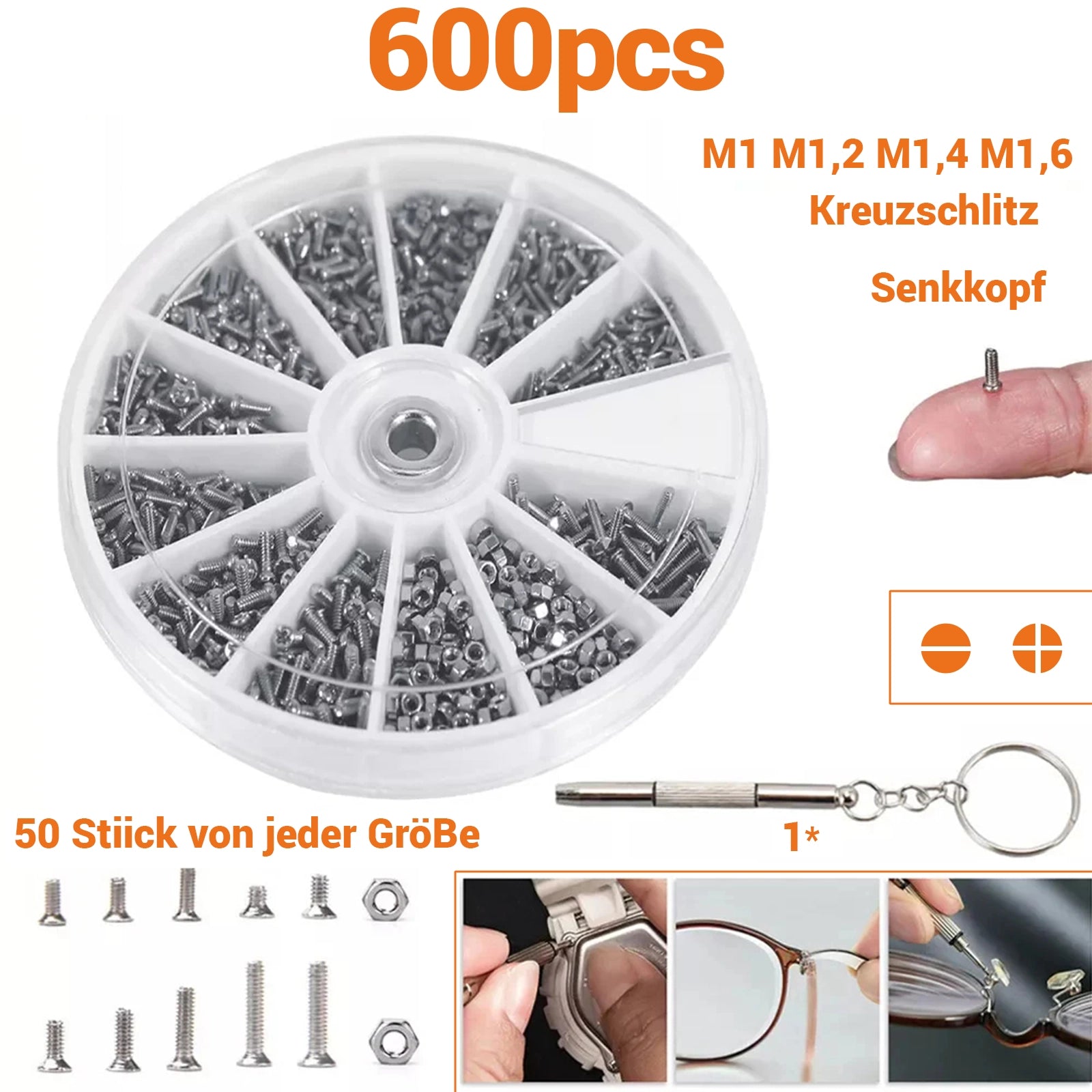 600pcs Micro Screws Nuts Set M1 M1,2 M1,4 M1,6 Glasses Watches Electronics - HomeDIYer