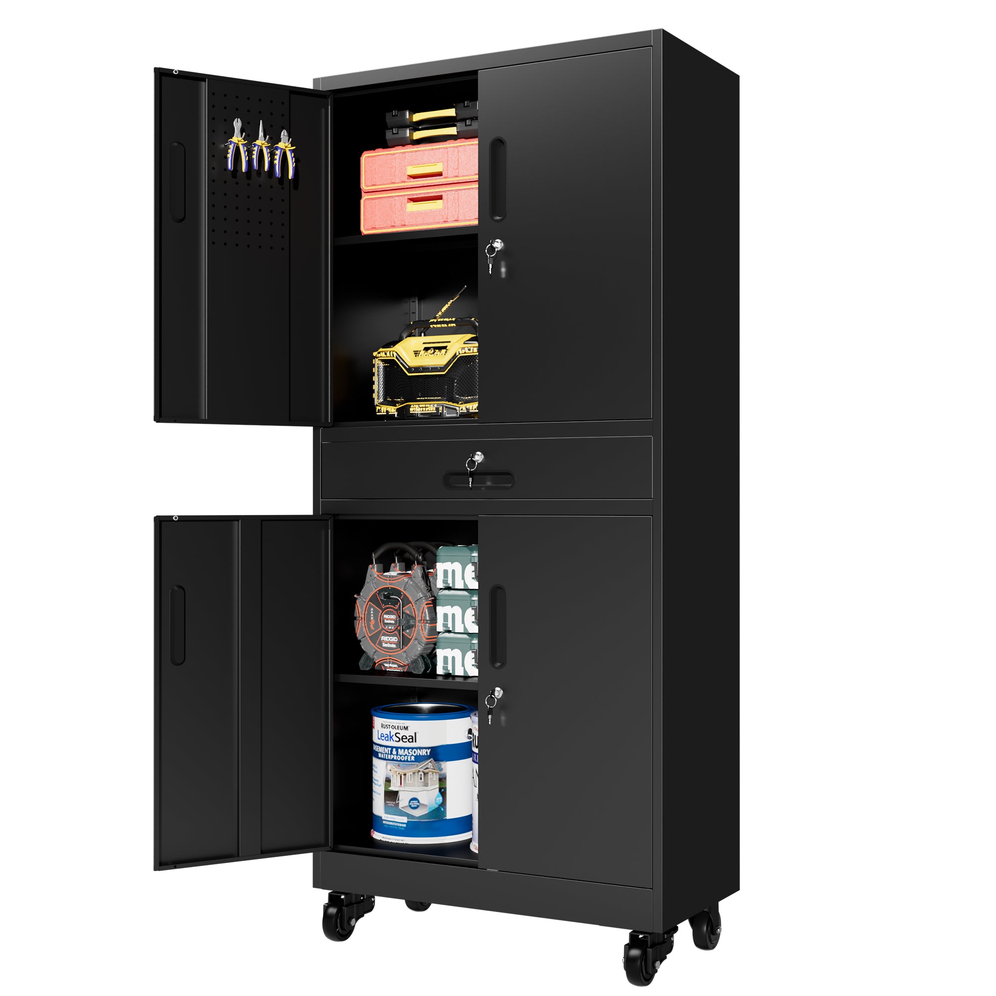 71" Metal Garage Storage Cabinet with Drawer, Pegboard Door, Locking Doors & Rolling Wheels, 720 lb Capacity