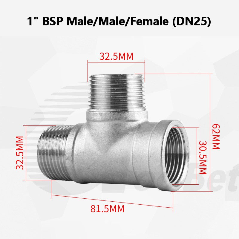 304 Stainless Steel BSP Tee Pipe Fitting — Male & Female Thread, 1/2" to 2"