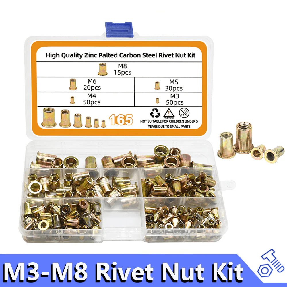 165Pcs Rivet Nut Kit M3 - M8 Carbon Steel Flat Head Rivnut Threaded Insert Nutsert - HomeDIYer