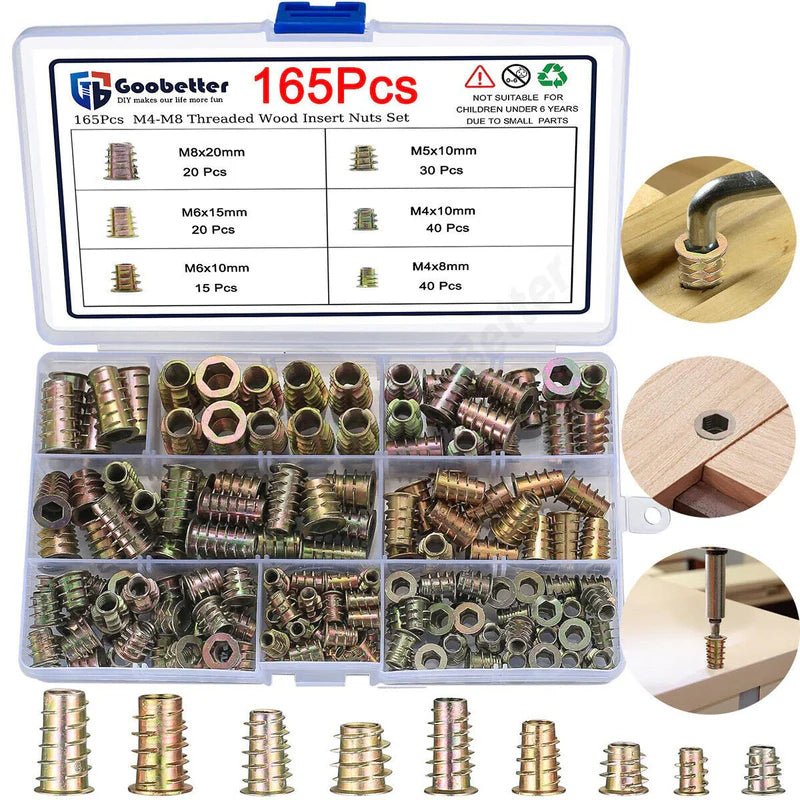 165Pcs Threaded Wood Insert Nuts M4 - M8 Set Hex Socket Drive Insert Fixing Screw - HomeDIYer