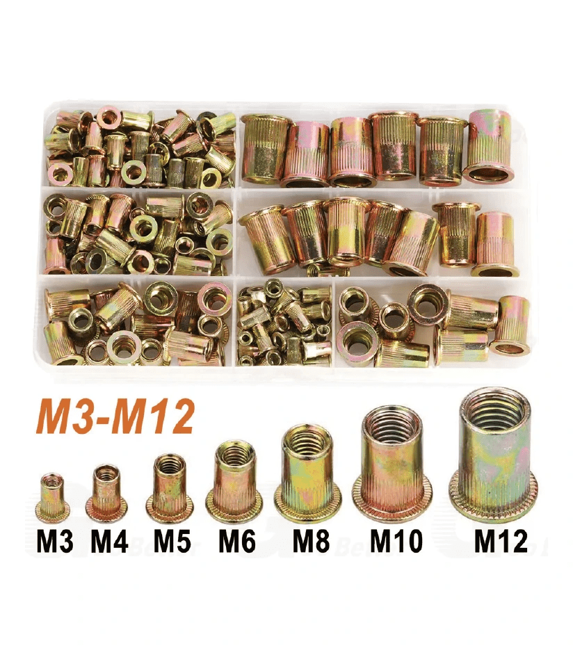 166Pcs Rivet Nuts Flat Head Threaded Rivnuts Knurled Head Nutserts M3 to M12 Kit - HomeDIYer