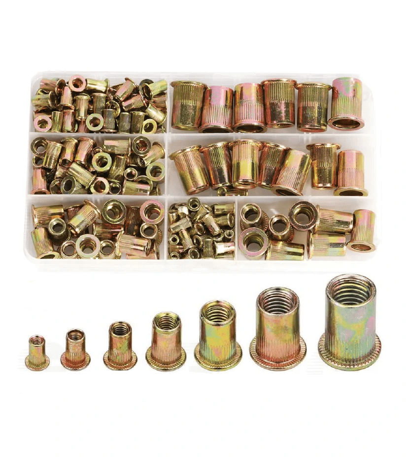 166Pcs Rivet Nuts Flat Head Threaded Rivnuts Knurled Head Nutserts M3 to M12 Kit - HomeDIYer