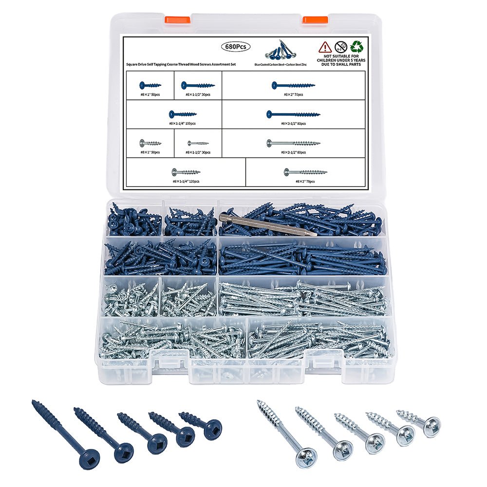 680 PCS Pocket Hole Screws Assortment Kit, 5 Sizes 8 x 1, 1 - 1/4", 1 - 1/2", 2", 2 - 1/2",Square Drive Self Tapping Coarse Thread Wood Screws Set, Blue Coated and Zinc Coated, Drive Bit Included - HomeDIYer