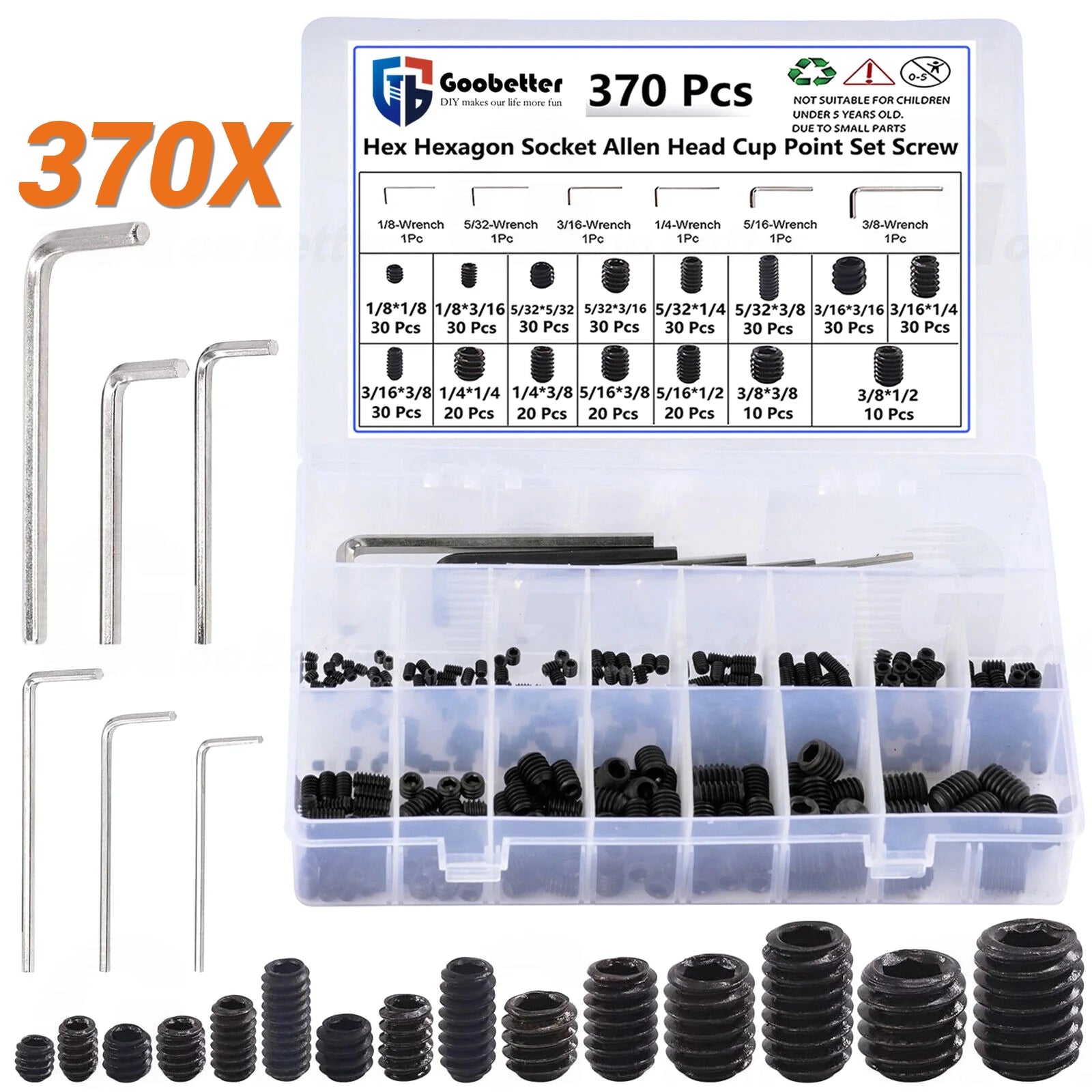 370pcs Black Allen Head Socket Hex Grub Screw Set Screw Assortment Kit Allen Key - HomeDIYer