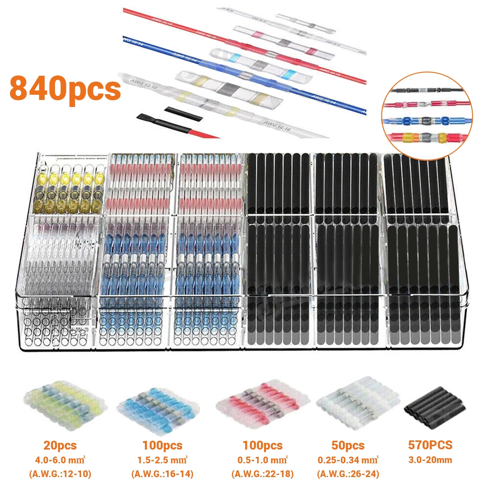 840PCS Solder Seal Sleeve Heat Shrink Electric Butt Wire Connectors Terminal Kit - HomeDIYer