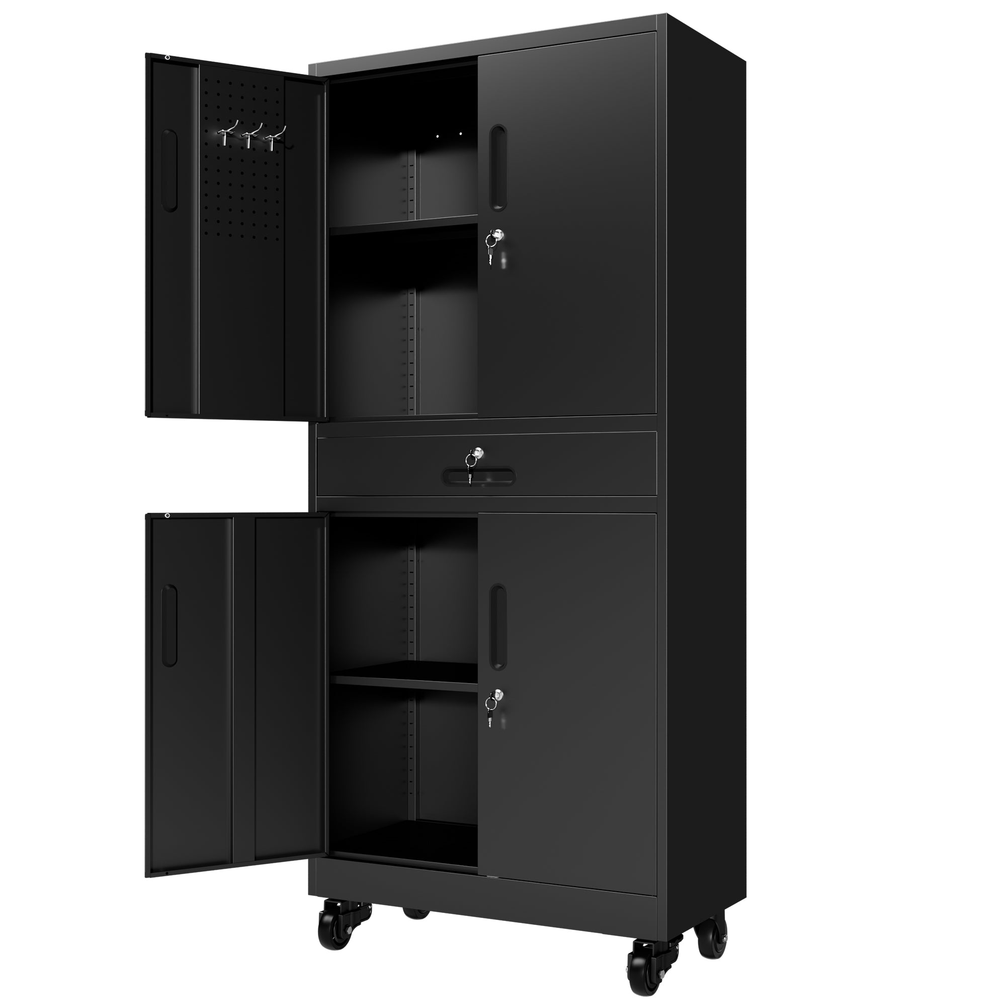 71" Metal Garage Storage Cabinet with Drawer, Pegboard Door, Locking Doors & Rolling Wheels, 720 lb Capacity