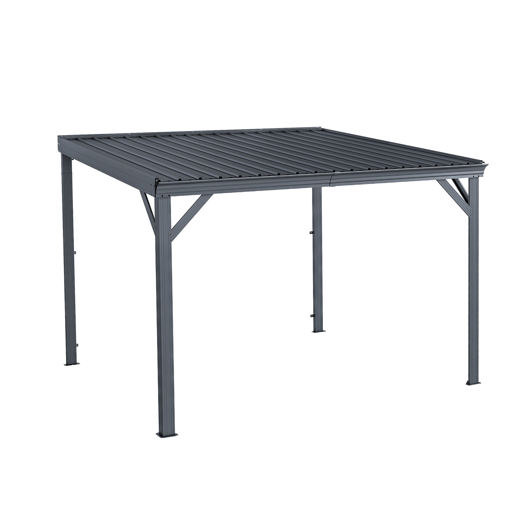 Hardtop Lean-To Gazebo 10x10 ft Wall-Mounted, Galvanized Steel Roof with Built-In Drainage, Gray