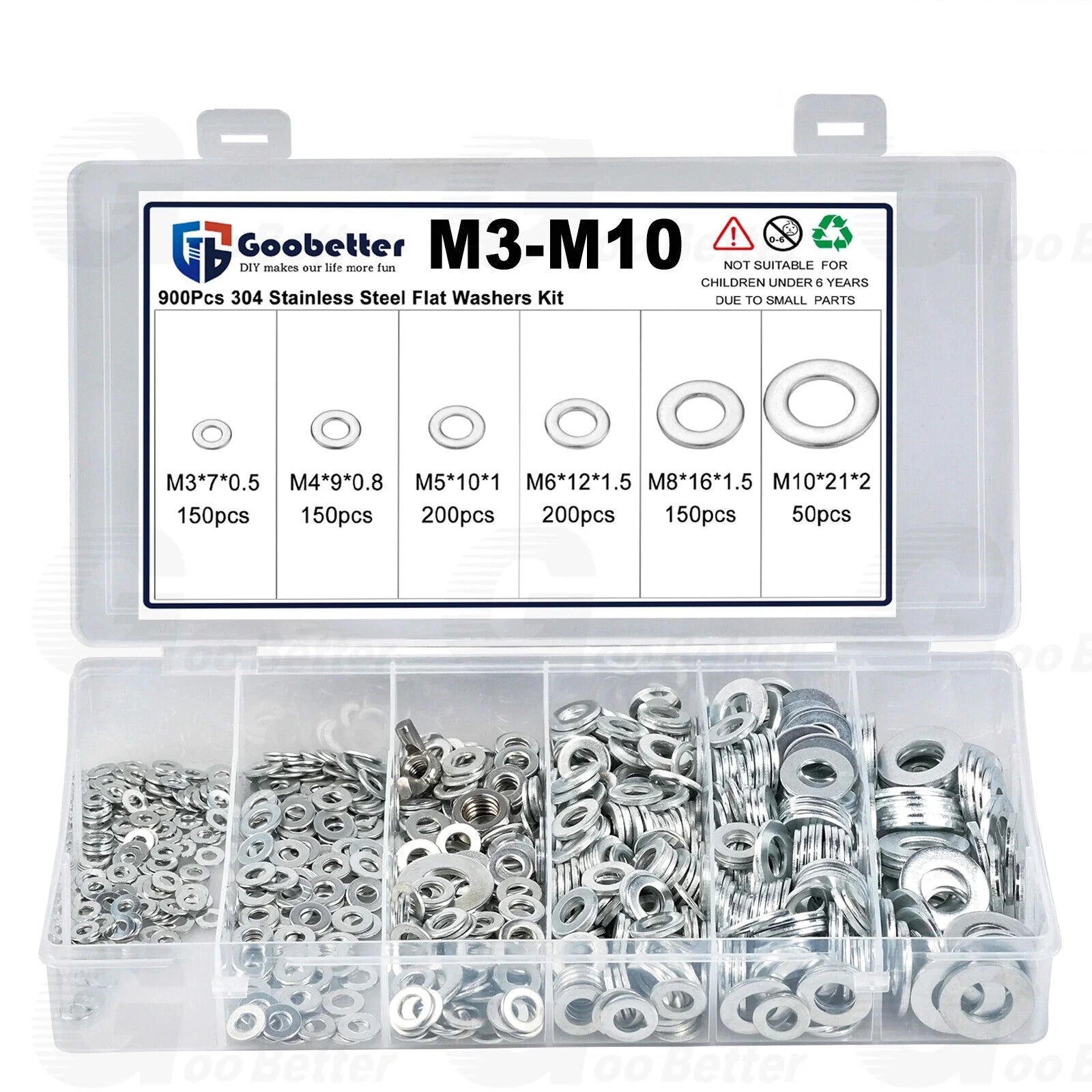 900Pcs Flat Washers Assortment Set Zinc Plated Washer For Screws M3 M4 M5 M6 - M10 - HomeDIYer