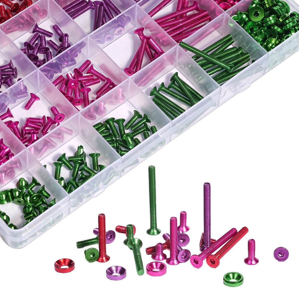 720Pcs Aluminium Alloy Hex Socket Countersunk Flat Head Screw & Washers Assortment Set Burgundy To Emerald Green - HomeDIYer