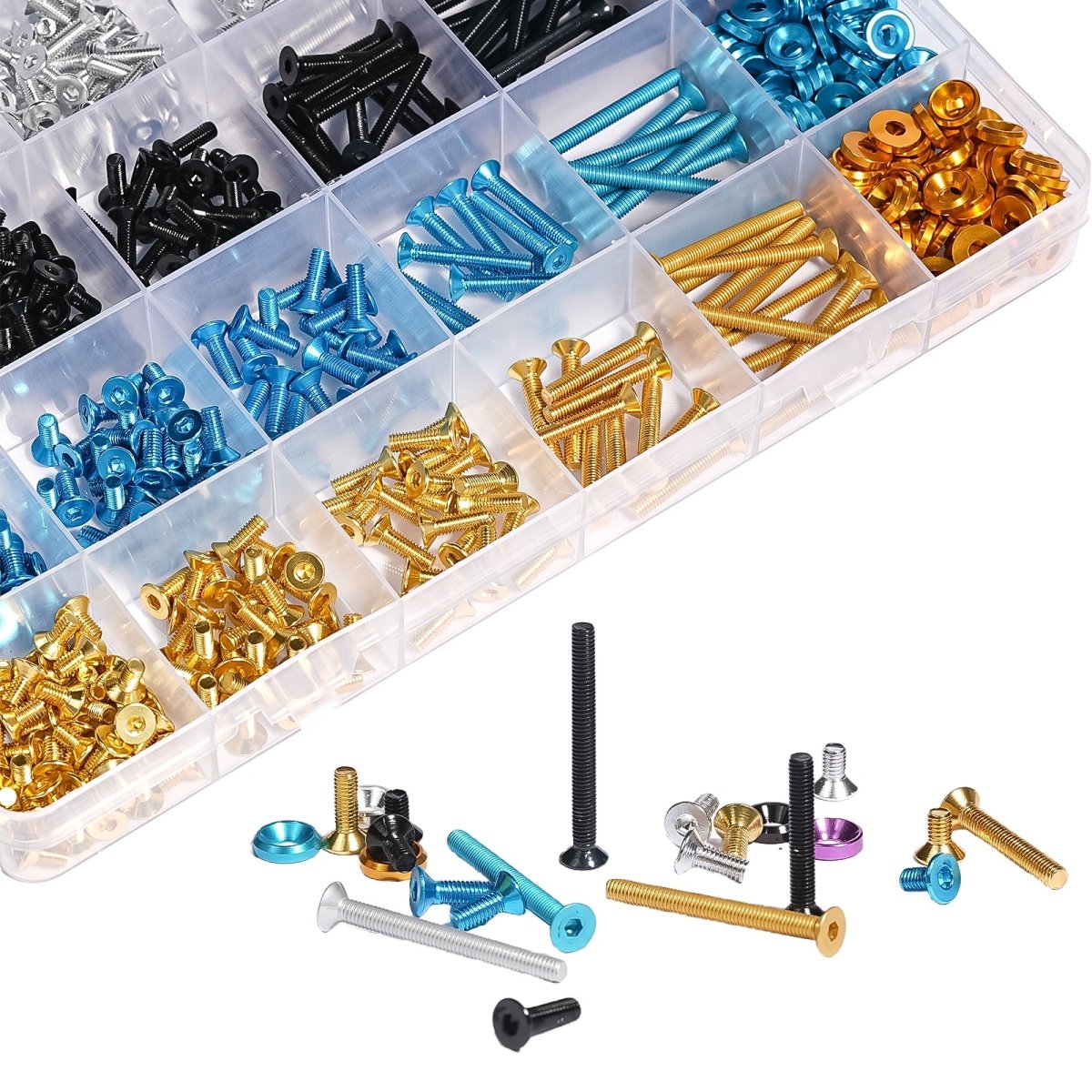 720Pcs Aluminium Alloy Hex Socket Countersunk Flat Head Screw & Washers Assortment Set Bright Silver To Gold Color - HomeDIYer